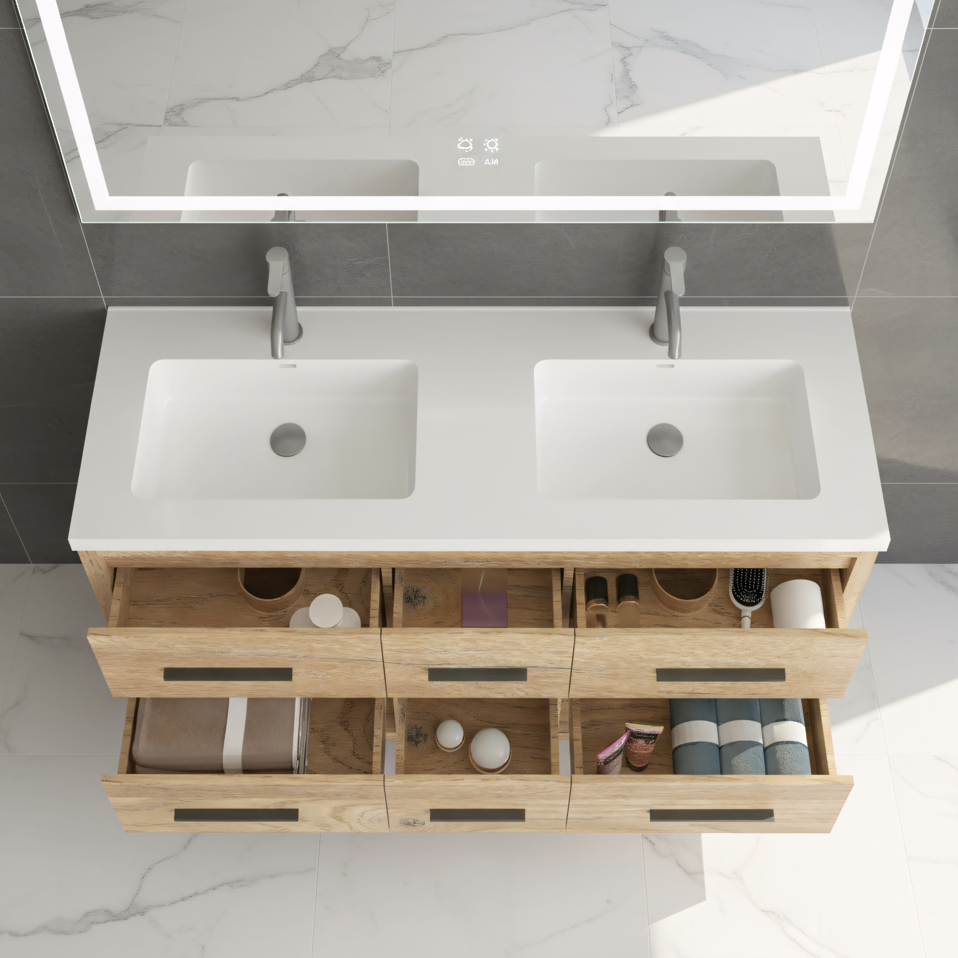 60" Rough Oak Freestanding Double Sink Bathroom Vanity with White Polymarble Countertop-Migration_Bathroom Vanities-DECOROLALA
