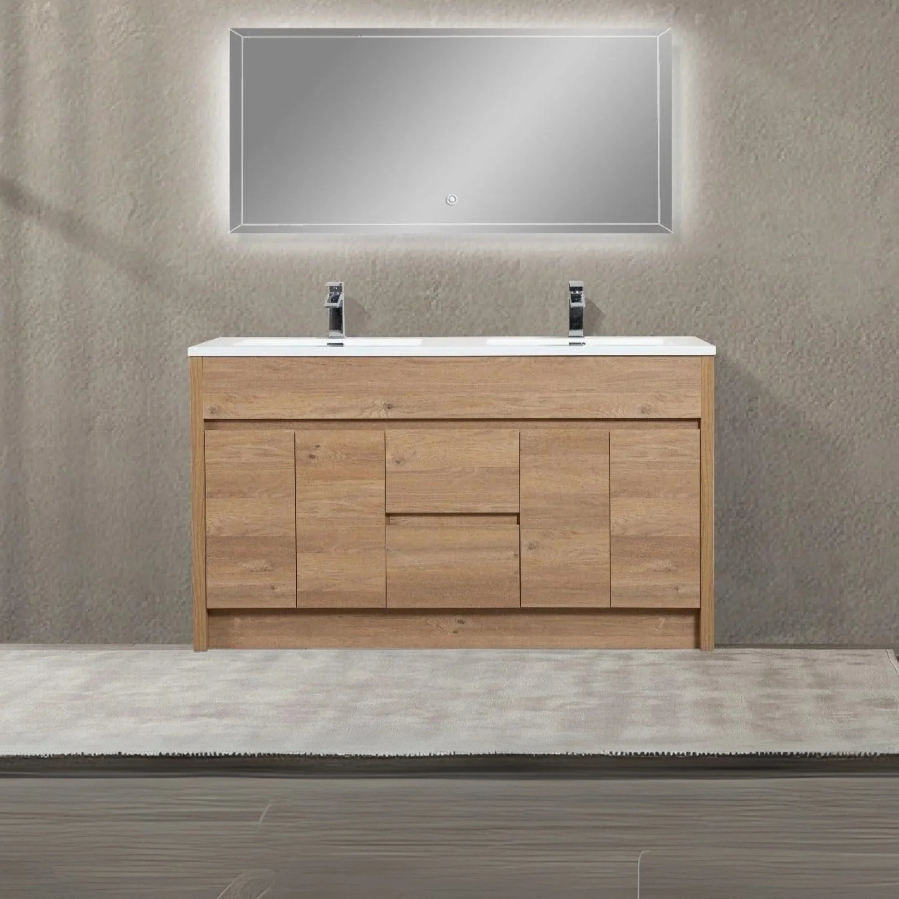 60" Rough Oak Freestanding Double Sink Bathroom Vanity with White Polymarble Countertop-Migration_Bathroom Vanities-DECOROLALA
