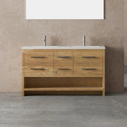 60" Rough Oak Freestanding Double Sink Bathroom Vanity with White Polymarble Countertop-Migration_Bathroom Vanities-DECOROLALA