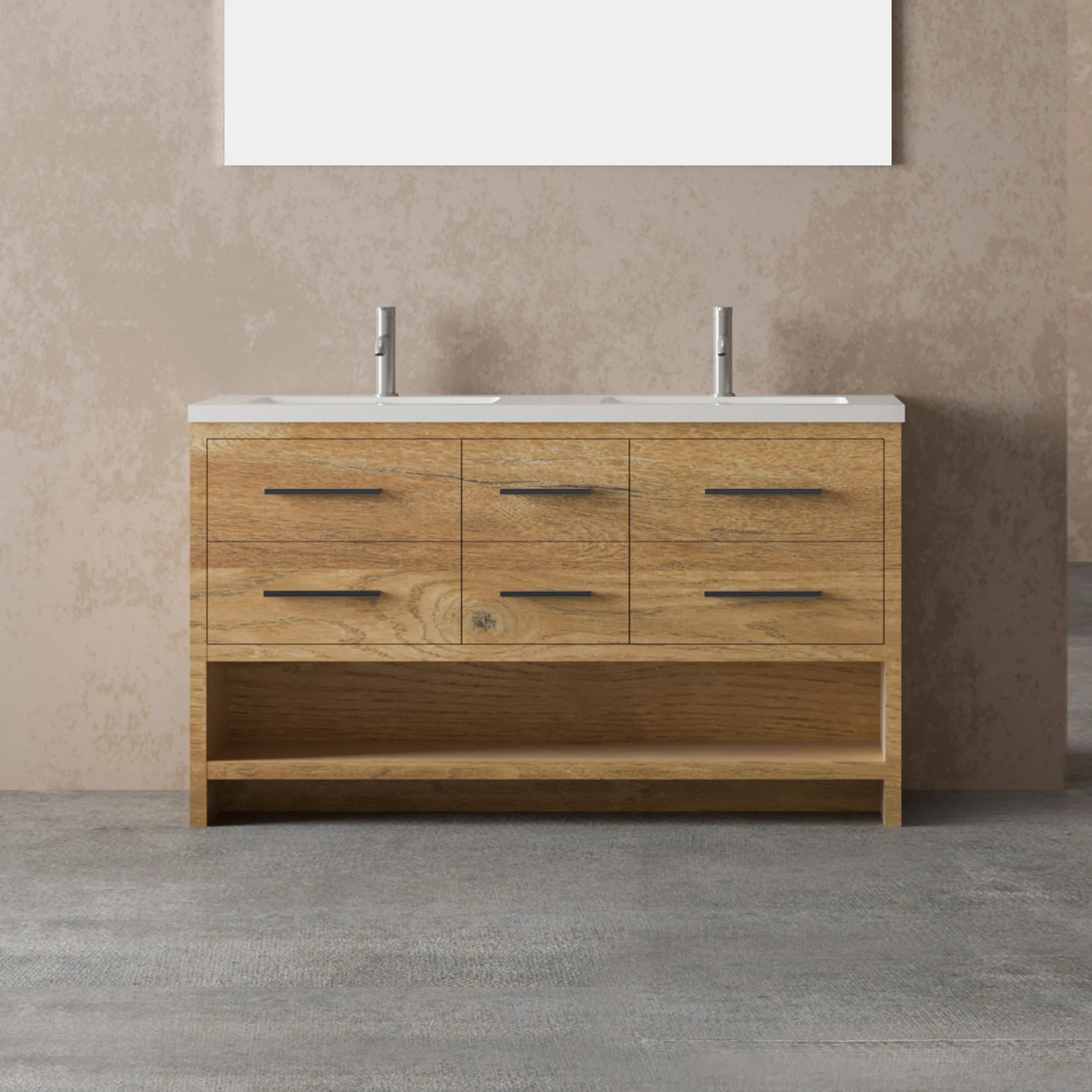 60" Rough Oak Freestanding Double Sink Bathroom Vanity with White Polymarble Countertop-Migration_Bathroom Vanities-DECOROLALA