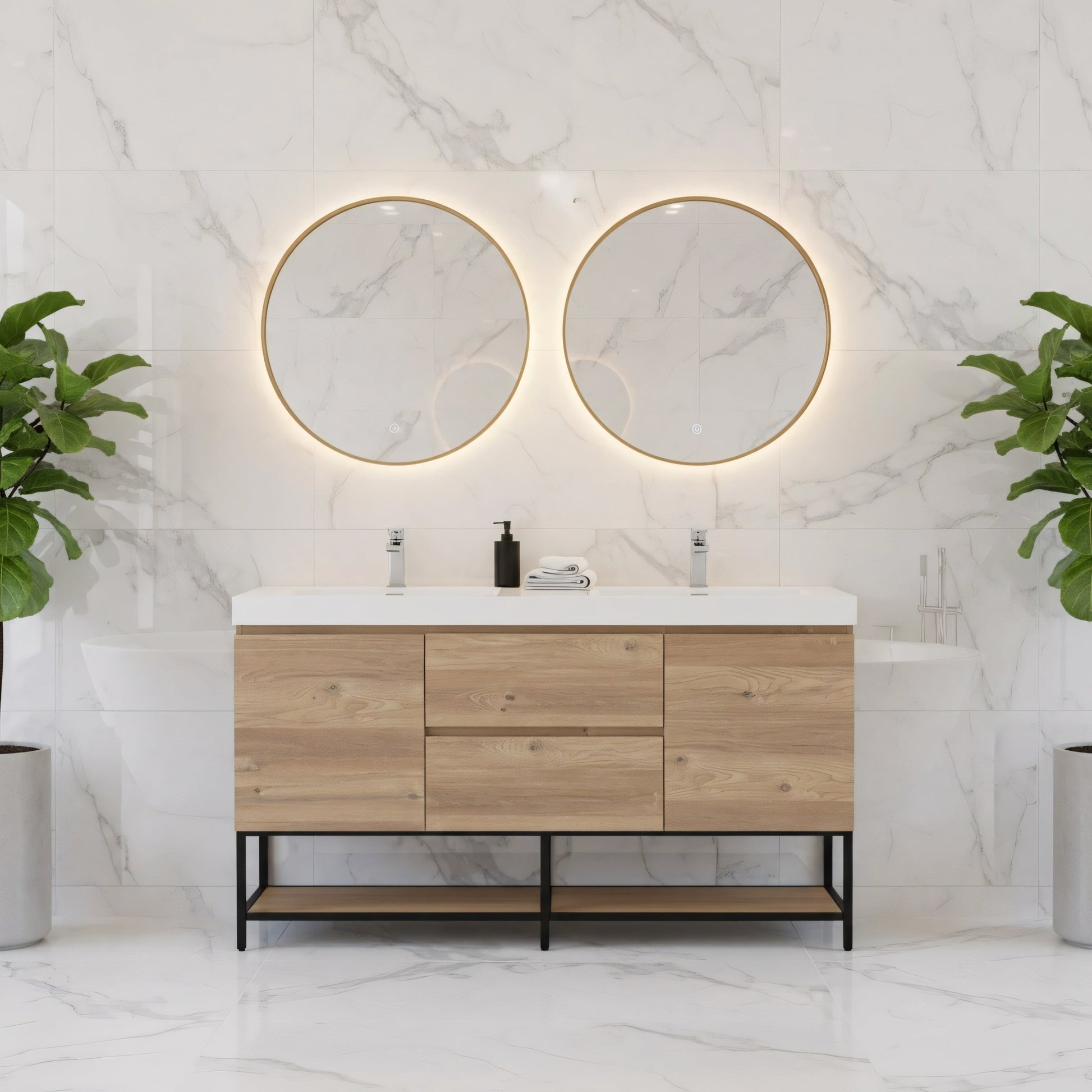 60" Rough Oak Wall Mount Double Sink Bathroom Vanity with White Polymarble Countertop-Migration_Bathroom Vanities-DECOROLALA