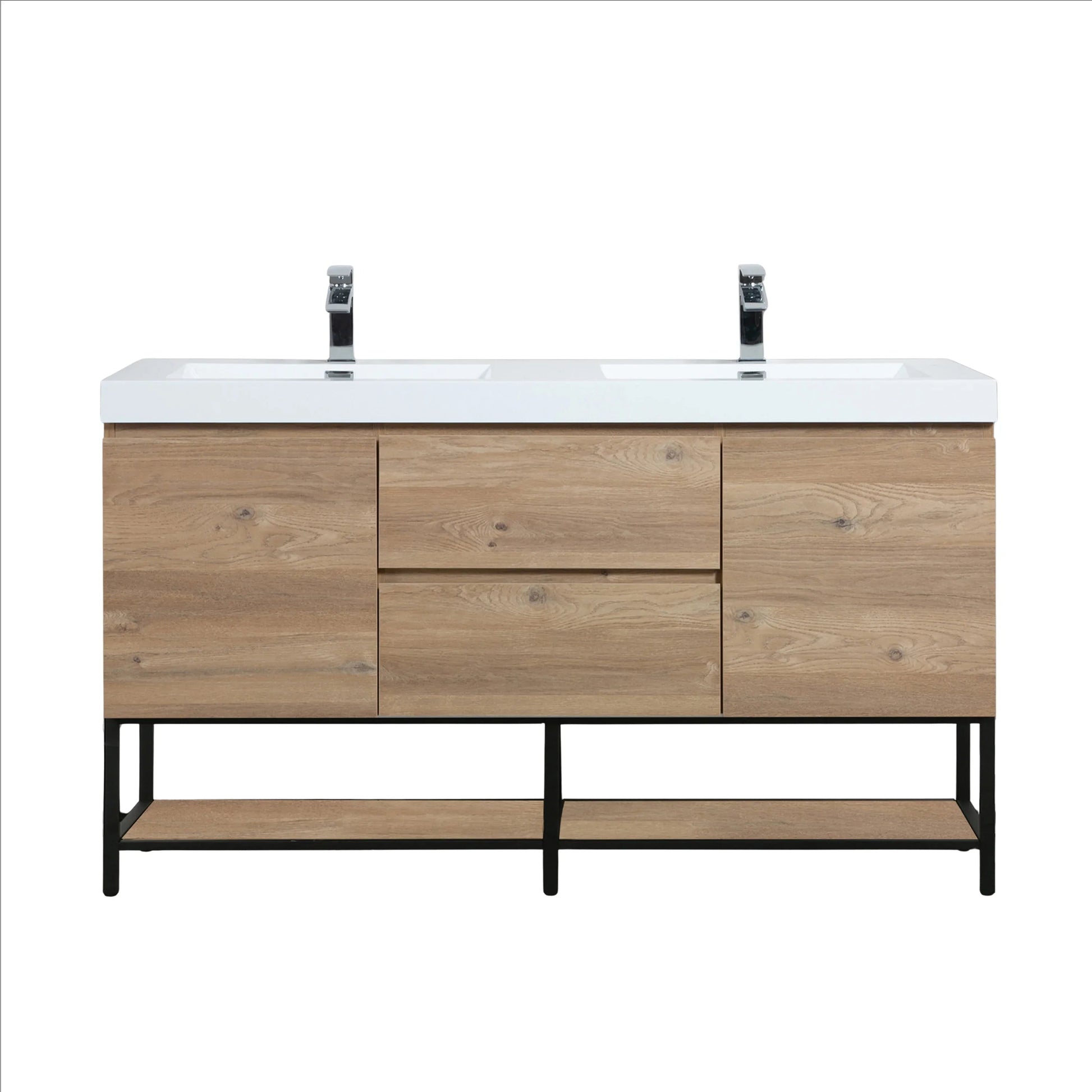 60" Rough Oak Wall Mount Double Sink Bathroom Vanity with White Polymarble Countertop-Migration_Bathroom Vanities-DECOROLALA