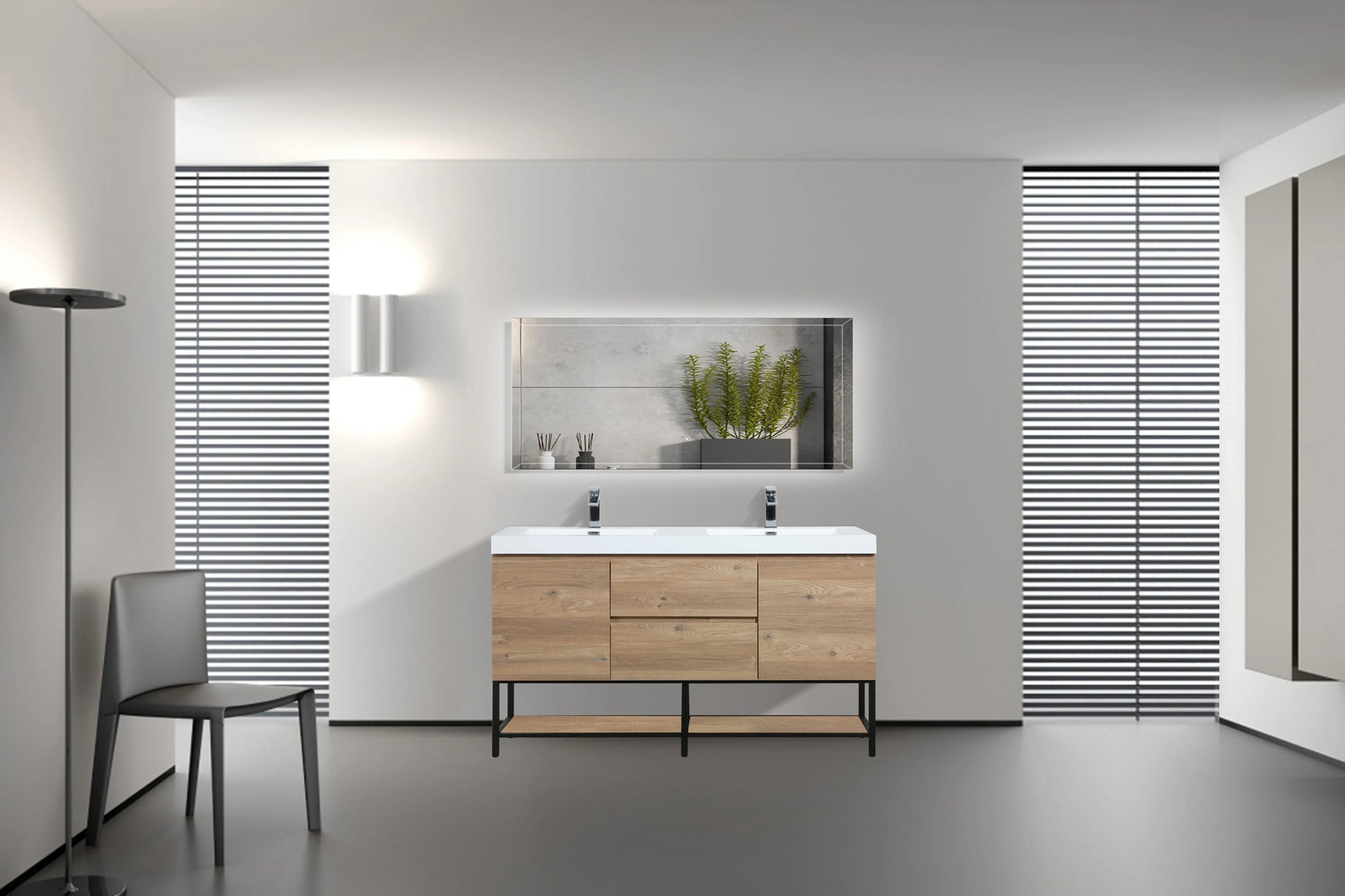 60" Rough Oak Wall Mount Double Sink Bathroom Vanity with White Polymarble Countertop-Migration_Bathroom Vanities-DECOROLALA