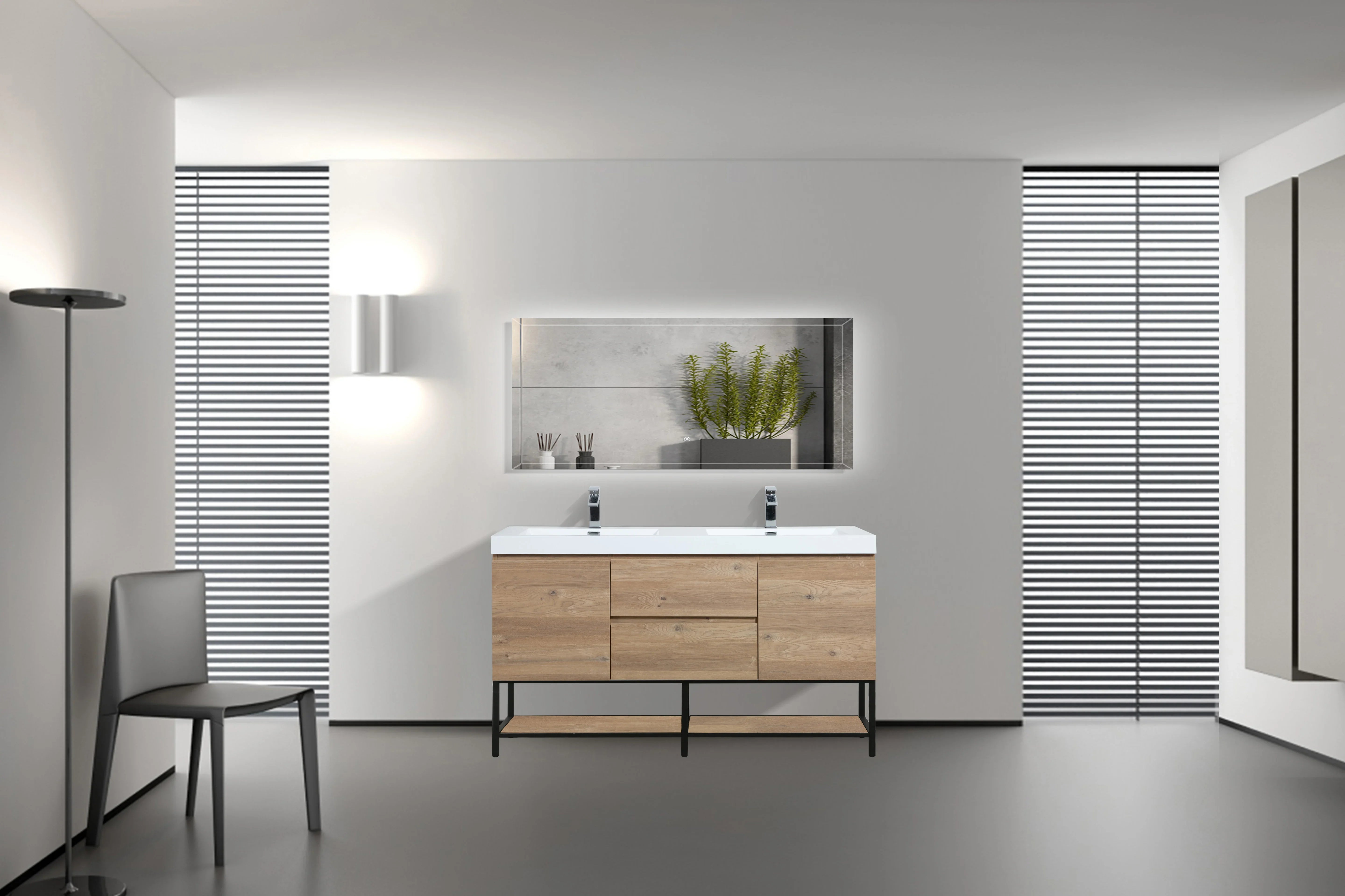 60" Rough Oak Wall Mount Double Sink Bathroom Vanity with White Polymarble Countertop-Migration_Bathroom Vanities-DECOROLALA