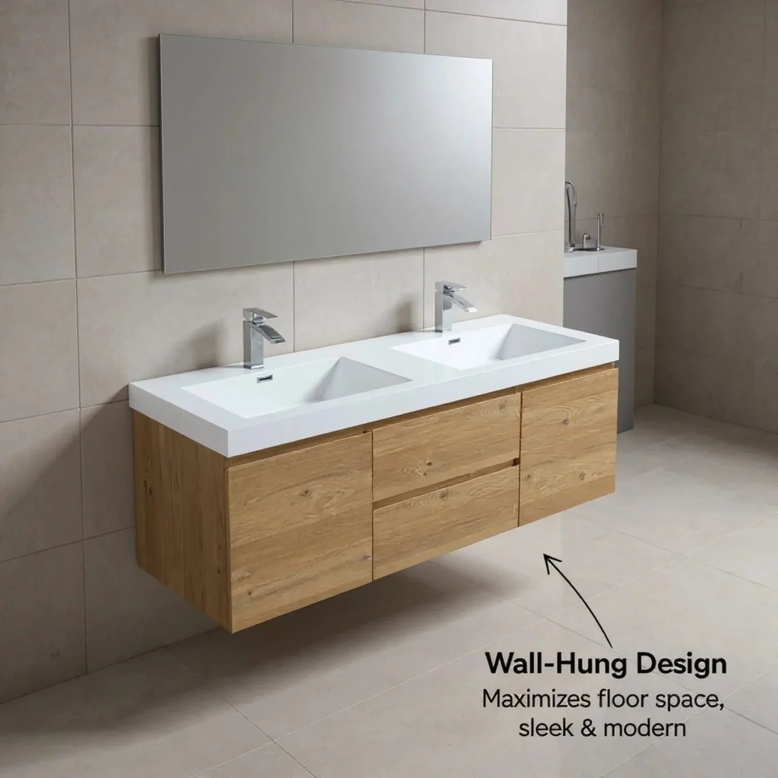 60" Rough Oak Wall Mount Double Sink Bathroom Vanity with White Polymarble Countertop-Migration_Bathroom Vanities-DECOROLALA