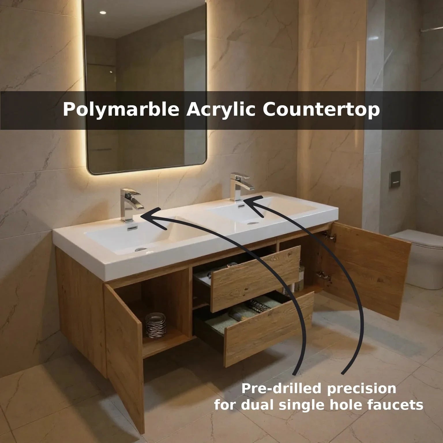 60" Rough Oak Wall Mount Double Sink Bathroom Vanity with White Polymarble Countertop-Migration_Bathroom Vanities-DECOROLALA