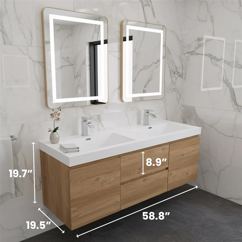 60" Rough Oak Wall Mount Double Sink Bathroom Vanity with White Polymarble Countertop-Migration_Bathroom Vanities-DECOROLALA