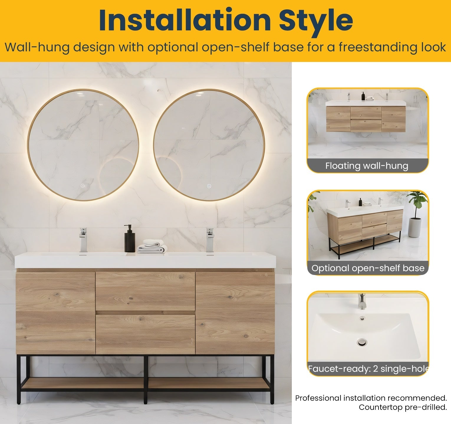 60" Rough Oak Wall Mount Double Sink Bathroom Vanity with White Polymarble Countertop-Migration_Bathroom Vanities-DECOROLALA