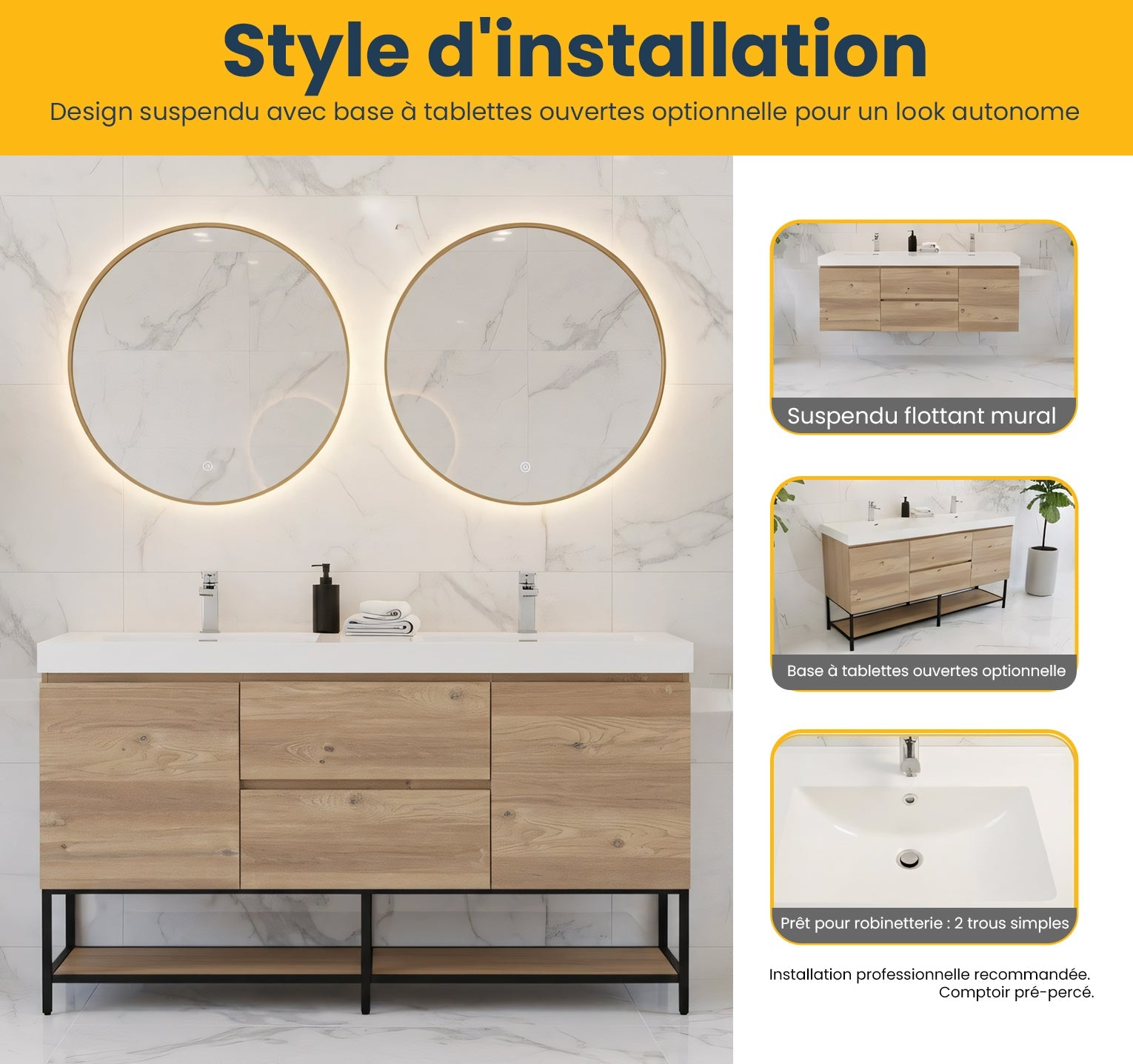 60" Rough Oak Wall Mount Double Sink Bathroom Vanity with White Polymarble Countertop-Migration_Bathroom Vanities-DECOROLALA