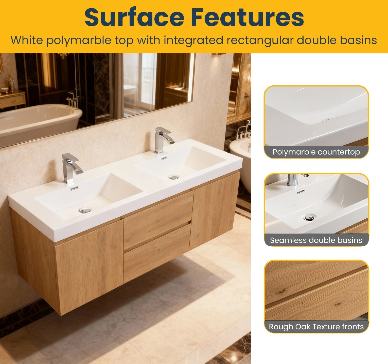 60" Rough Oak Wall Mount Double Sink Bathroom Vanity with White Polymarble Countertop-Migration_Bathroom Vanities-DECOROLALA