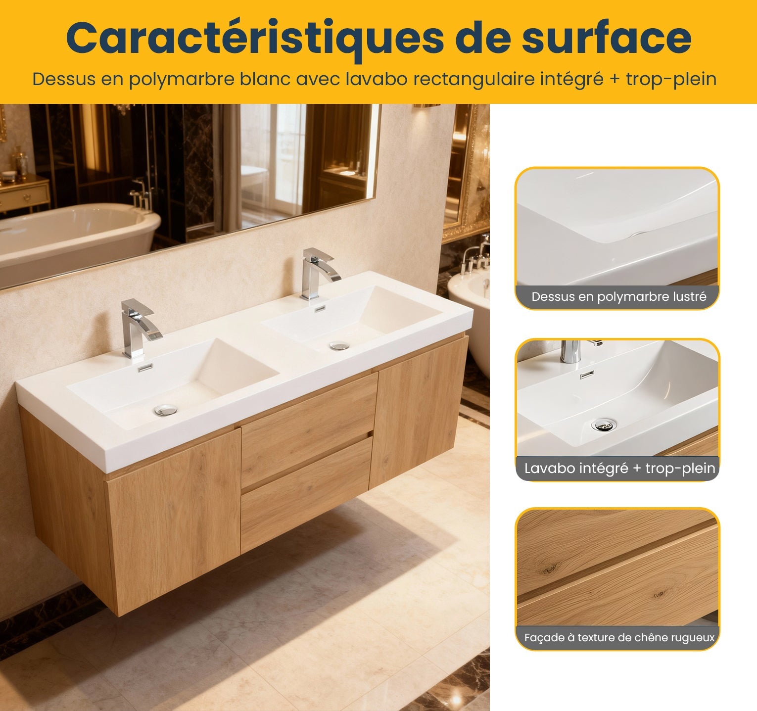 60" Rough Oak Wall Mount Double Sink Bathroom Vanity with White Polymarble Countertop-Migration_Bathroom Vanities-DECOROLALA