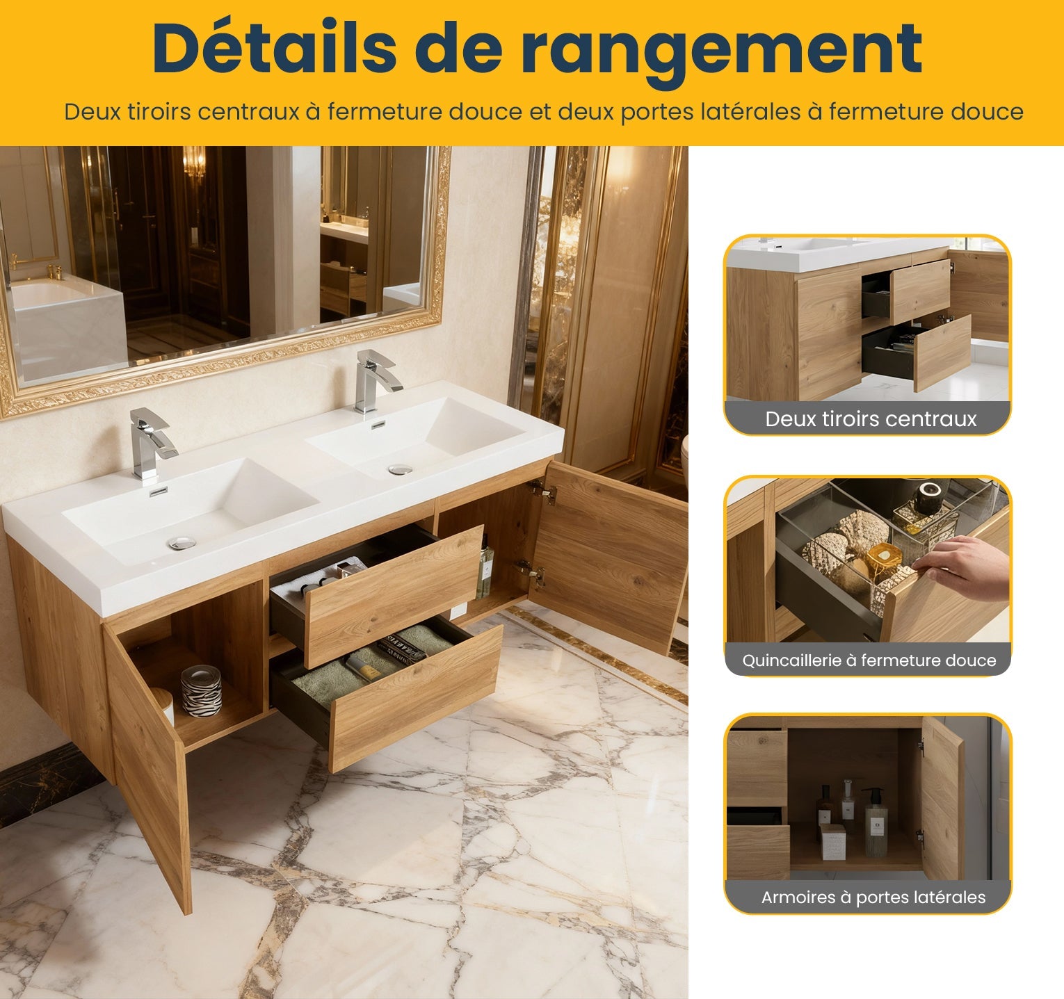 60" Rough Oak Wall Mount Double Sink Bathroom Vanity with White Polymarble Countertop-Migration_Bathroom Vanities-DECOROLALA