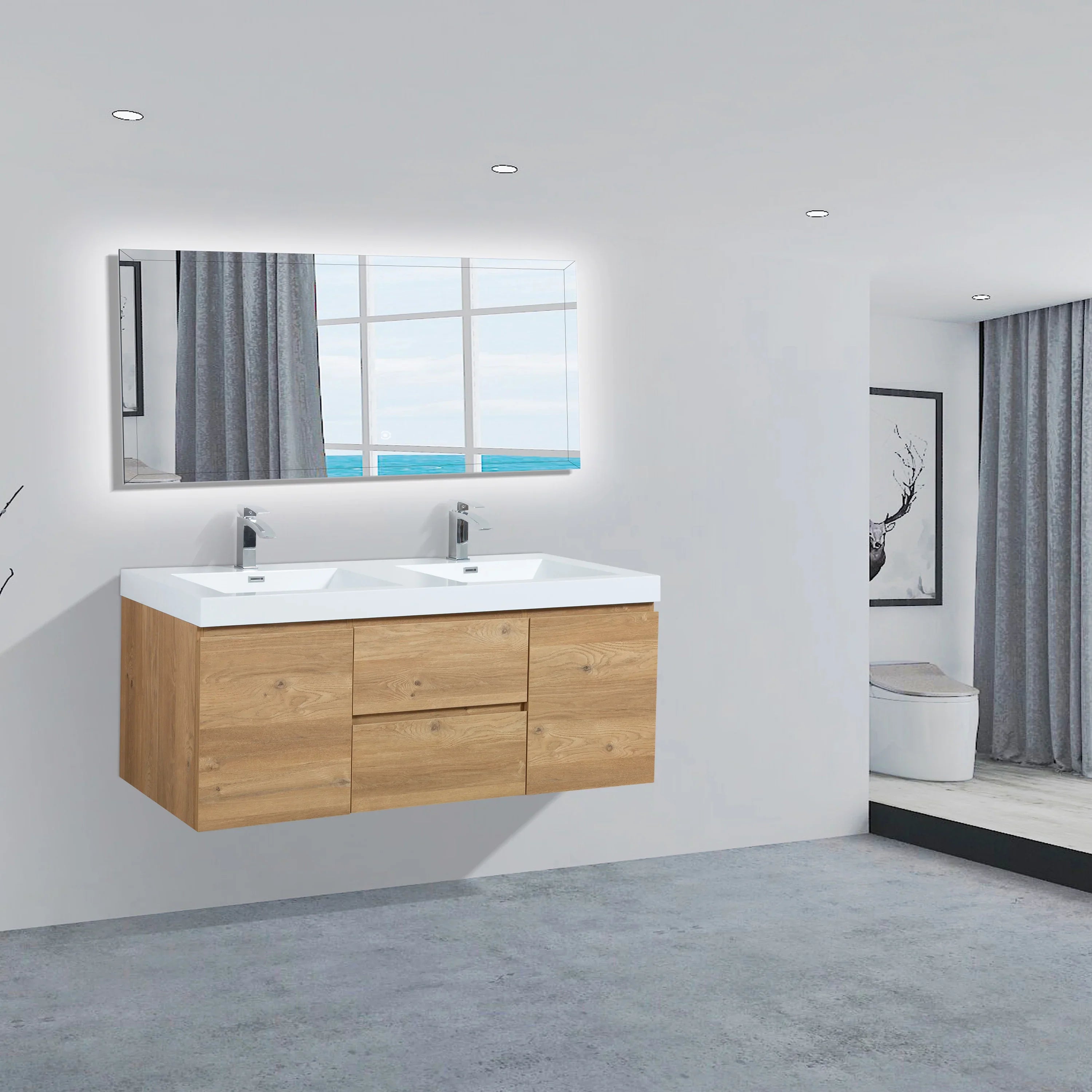 60" Rough Oak Wall Mount Double Sink Bathroom Vanity with White Polymarble Countertop-Migration_Bathroom Vanities-DECOROLALA