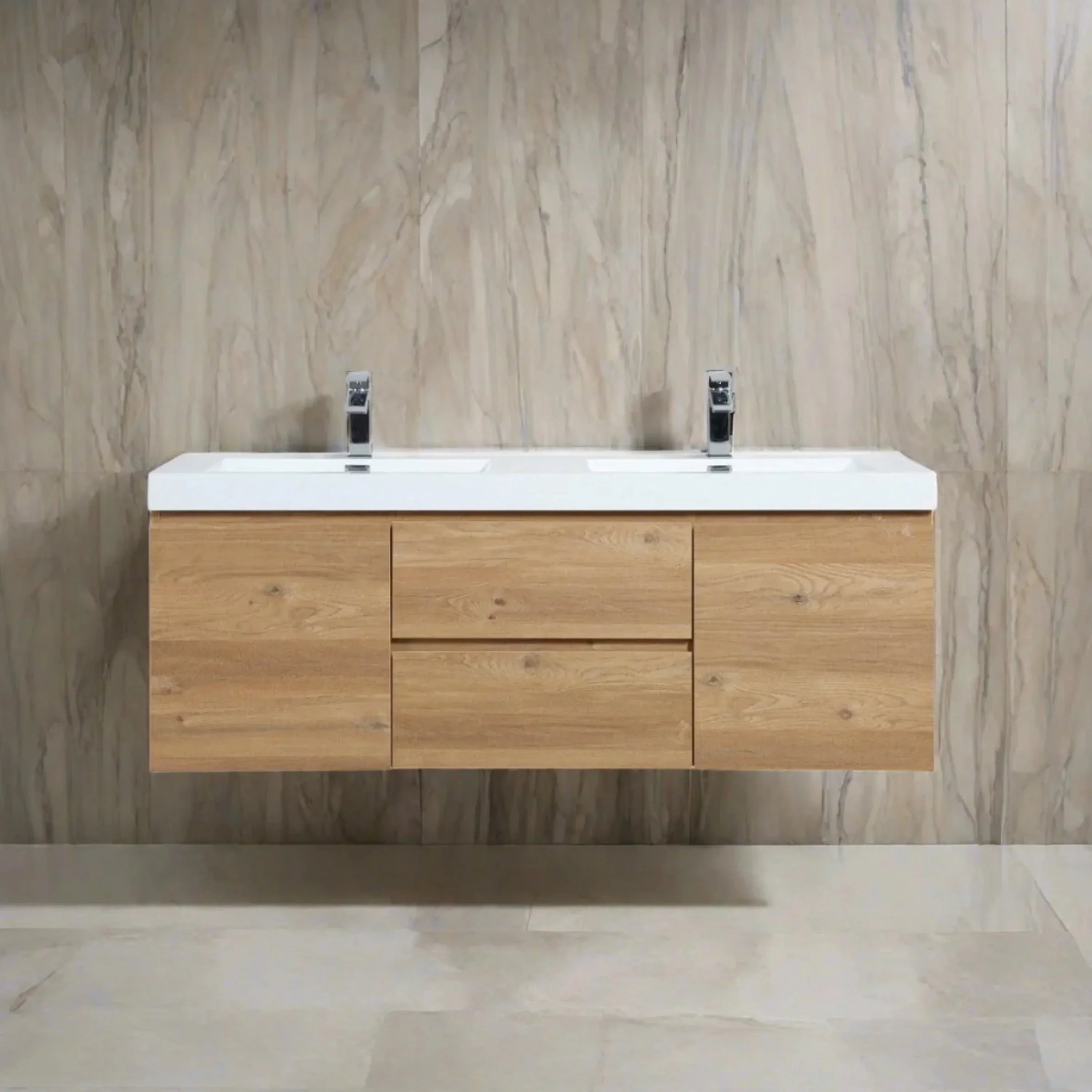 60" Rough Oak Wall Mount Double Sink Bathroom Vanity with White Polymarble Countertop-Migration_Bathroom Vanities-DECOROLALA