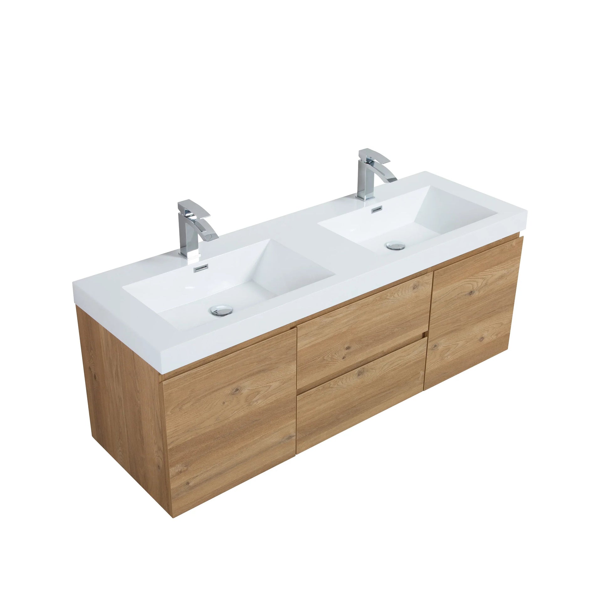 60" Rough Oak Wall Mount Double Sink Bathroom Vanity with White Polymarble Countertop-Migration_Bathroom Vanities-DECOROLALA