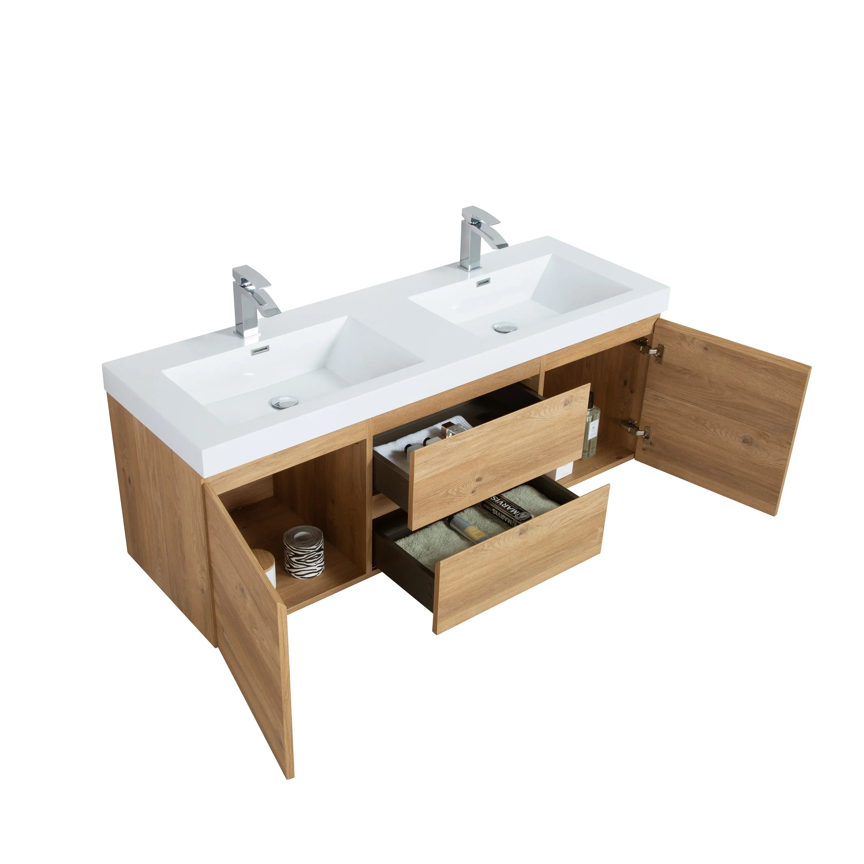 60" Rough Oak Wall Mount Double Sink Bathroom Vanity with White Polymarble Countertop-Migration_Bathroom Vanities-DECOROLALA