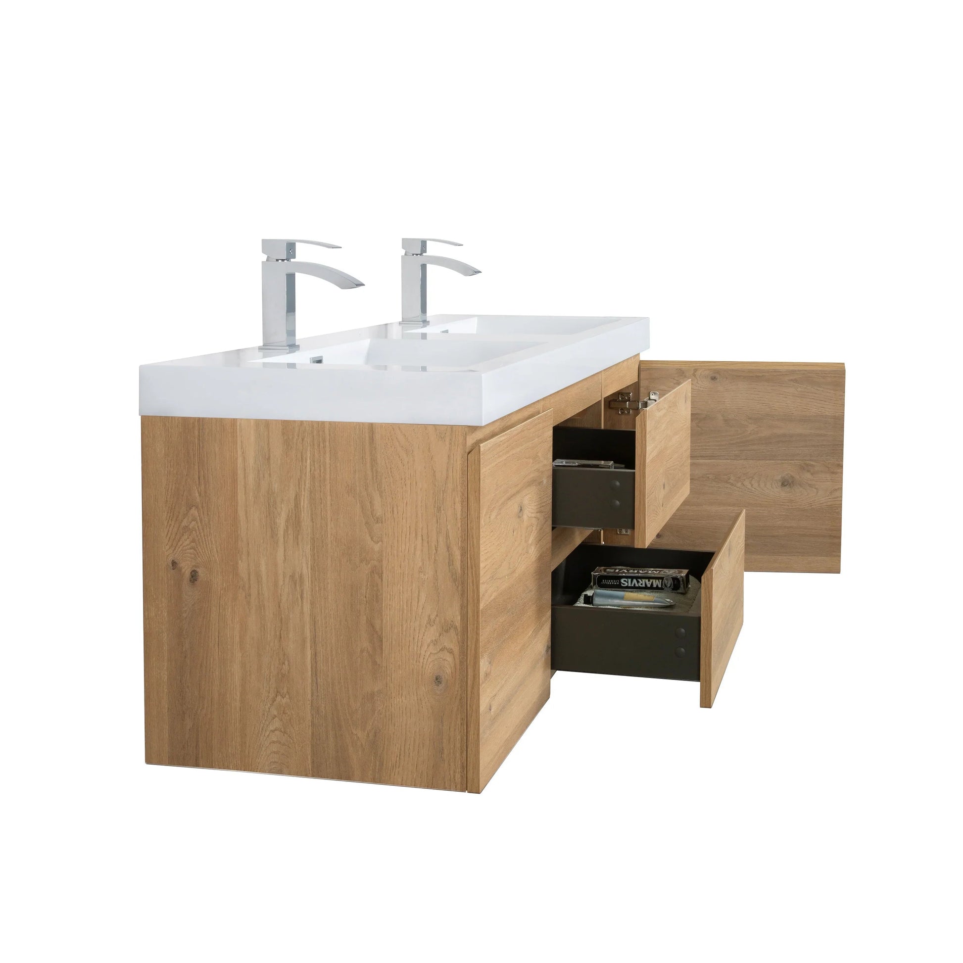 60" Rough Oak Wall Mount Double Sink Bathroom Vanity with White Polymarble Countertop-Migration_Bathroom Vanities-DECOROLALA