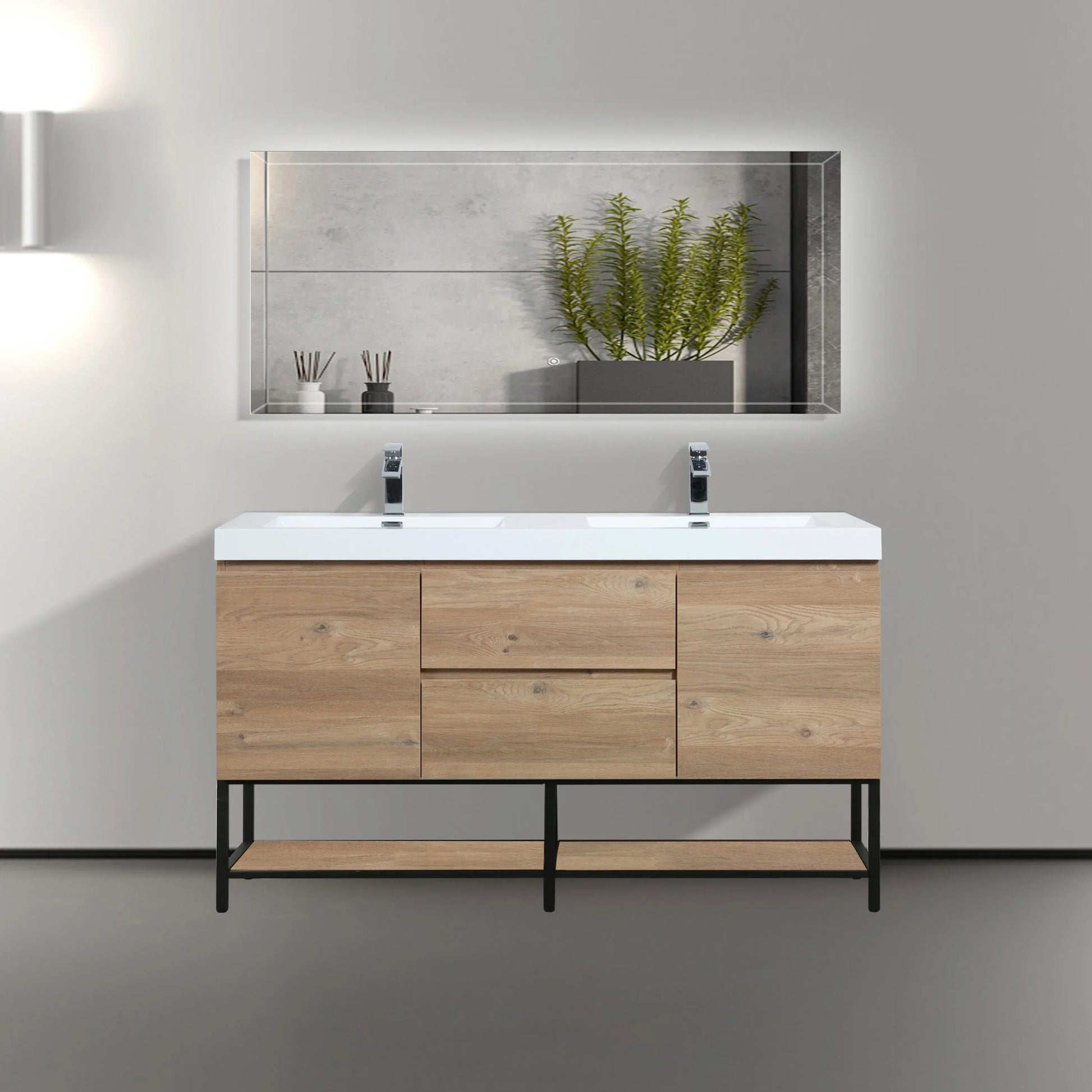 60" Rough Oak Wall Mount Double Sink Bathroom Vanity with White Polymarble Countertop-Migration_Bathroom Vanities-DECOROLALA