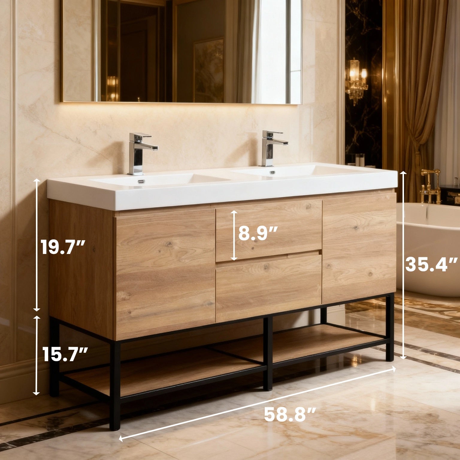 60" Rough Oak Wall Mount Double Sink Bathroom Vanity with White Polymarble Countertop-Migration_Bathroom Vanities-DECOROLALA