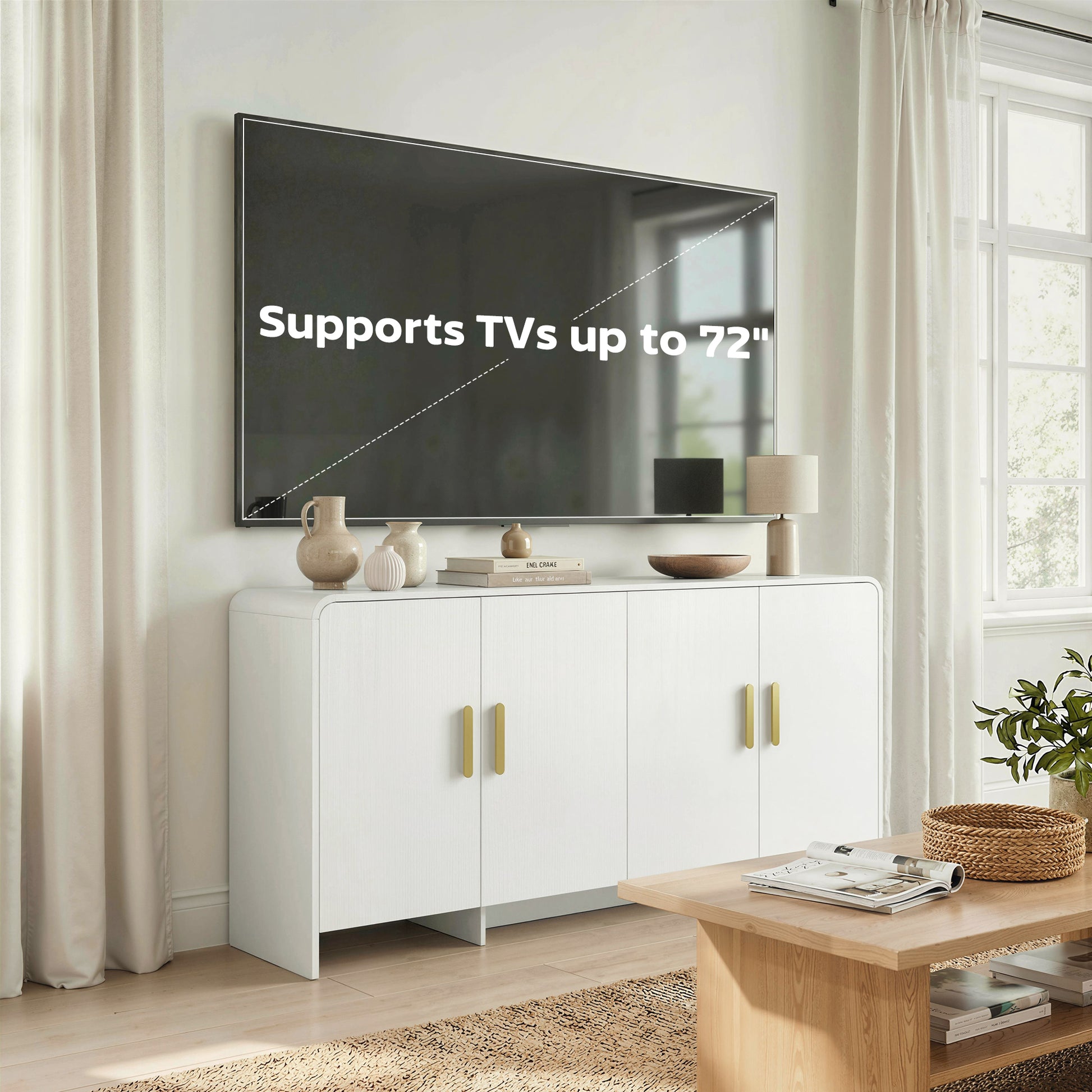 60" Sideboard Buffet Cabinet TV Stand - White Wood Grain-DECOROLALA