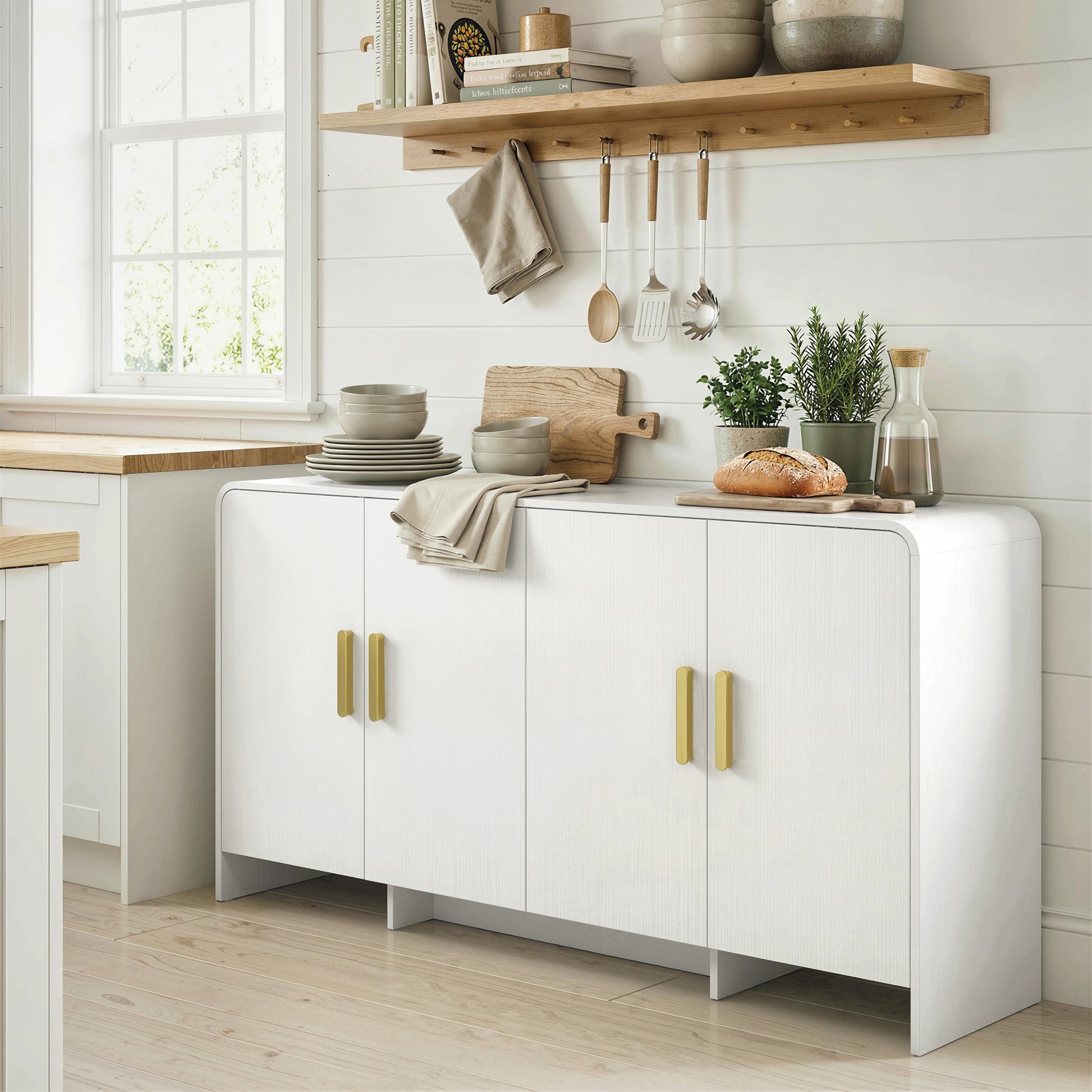 60" Sideboard Buffet Cabinet TV Stand - White Wood Grain-DECOROLALA