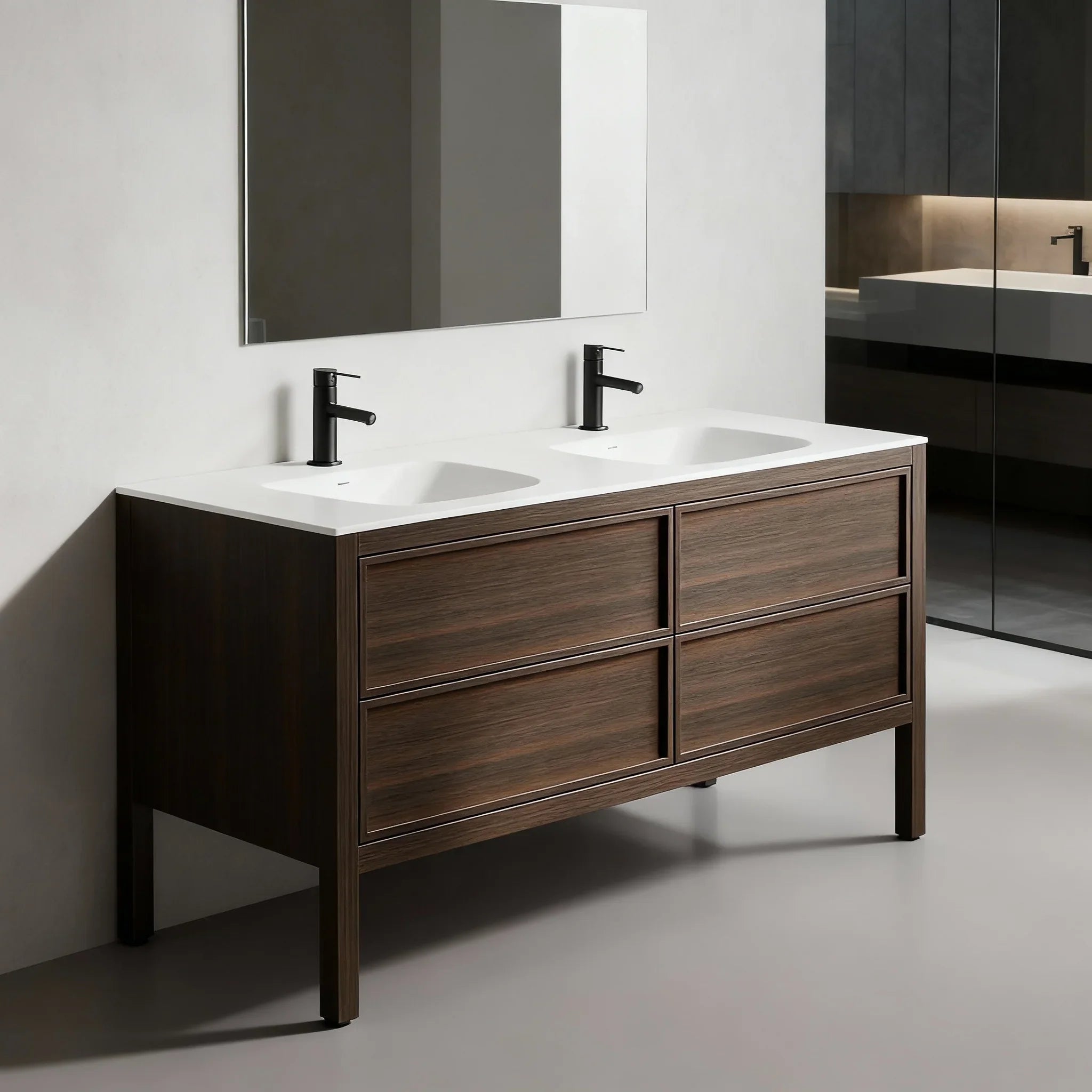 60" Smoked Oak Freestanding Double Sink Bathroom Vanity with White Solid Surface Countertop-Migration_Bathroom Vanities-DECOROLALA