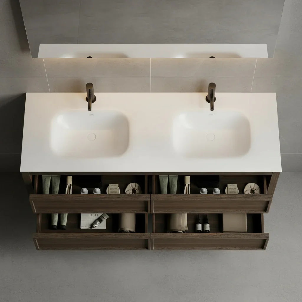 60" Smoked Oak Freestanding Double Sink Bathroom Vanity with White Solid Surface Countertop-Migration_Bathroom Vanities-DECOROLALA