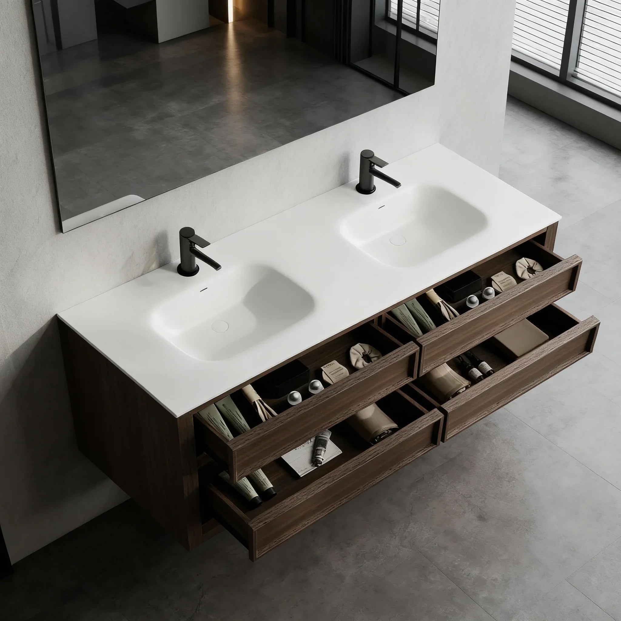 60" Smoked Oak Freestanding Double Sink Bathroom Vanity with White Solid Surface Countertop-Migration_Bathroom Vanities-DECOROLALA