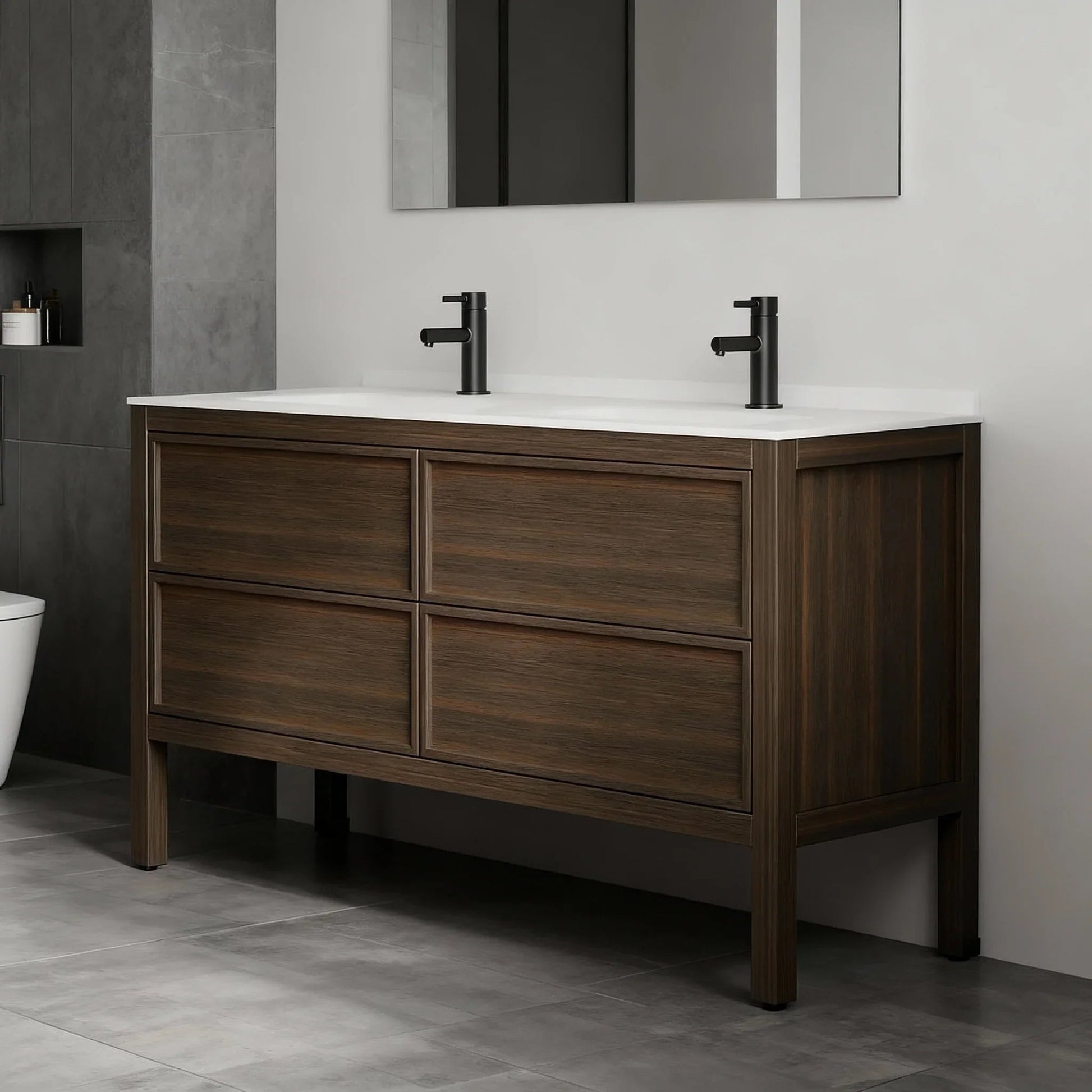 60" Smoked Oak Freestanding Double Sink Bathroom Vanity with White Solid Surface Countertop-Migration_Bathroom Vanities-DECOROLALA