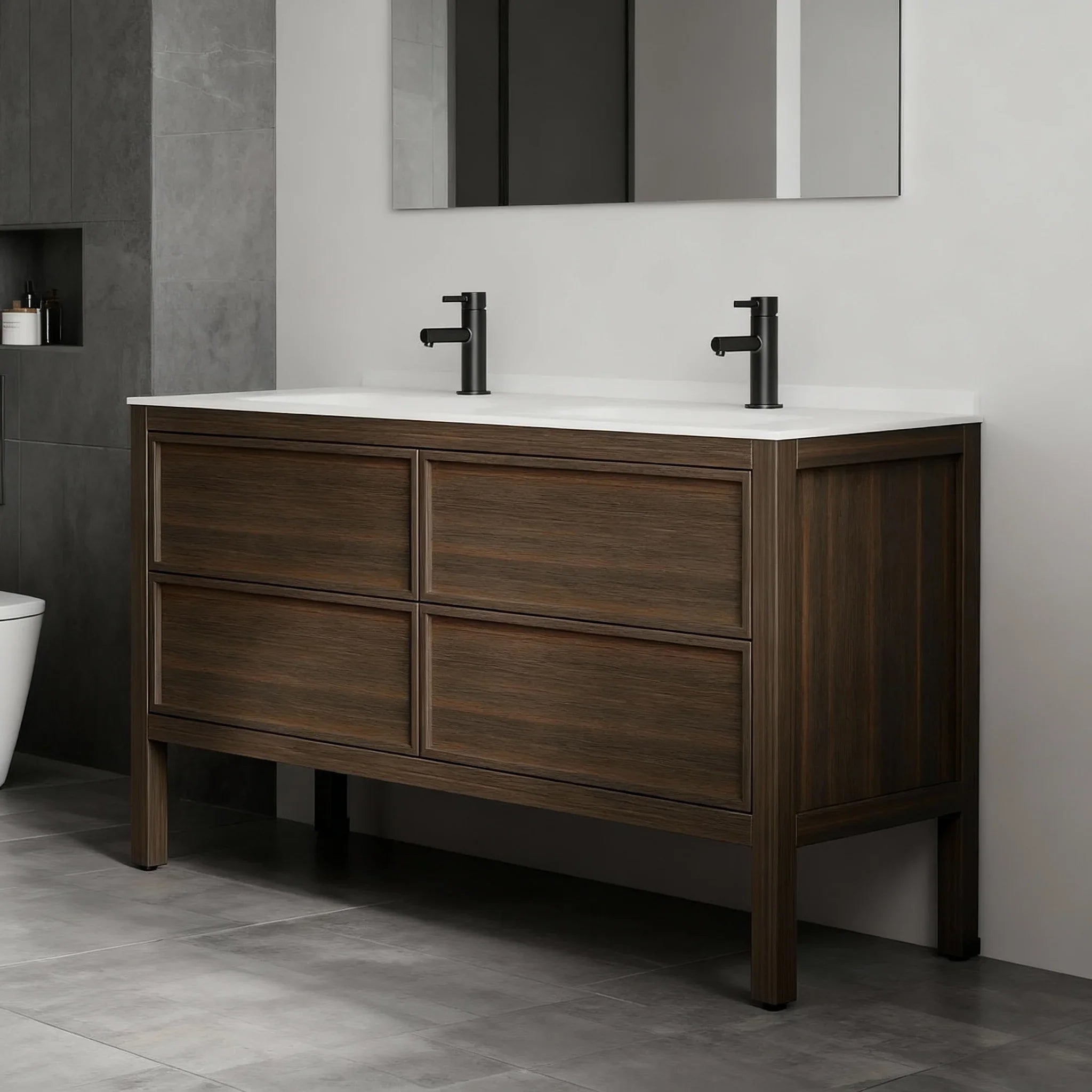 60" Smoked Oak Freestanding Double Sink Bathroom Vanity with White Solid Surface Countertop-Migration_Bathroom Vanities-DECOROLALA