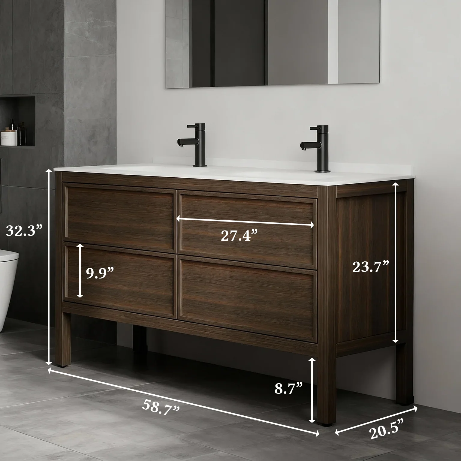 60" Smoked Oak Freestanding Double Sink Bathroom Vanity with White Solid Surface Countertop-Migration_Bathroom Vanities-DECOROLALA