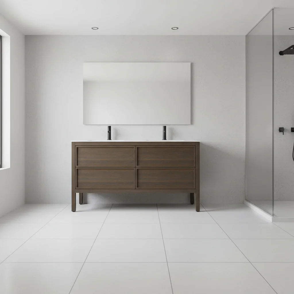 60" Smoked Oak Freestanding Double Sink Bathroom Vanity with White Solid Surface Countertop-Migration_Bathroom Vanities-DECOROLALA