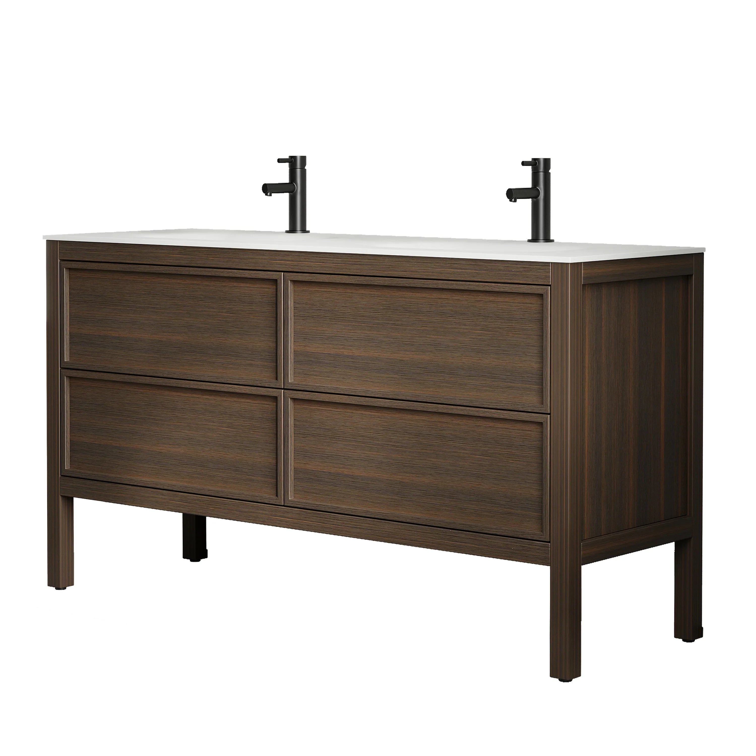 60" Smoked Oak Freestanding Double Sink Bathroom Vanity with White Solid Surface Countertop-Migration_Bathroom Vanities-DECOROLALA