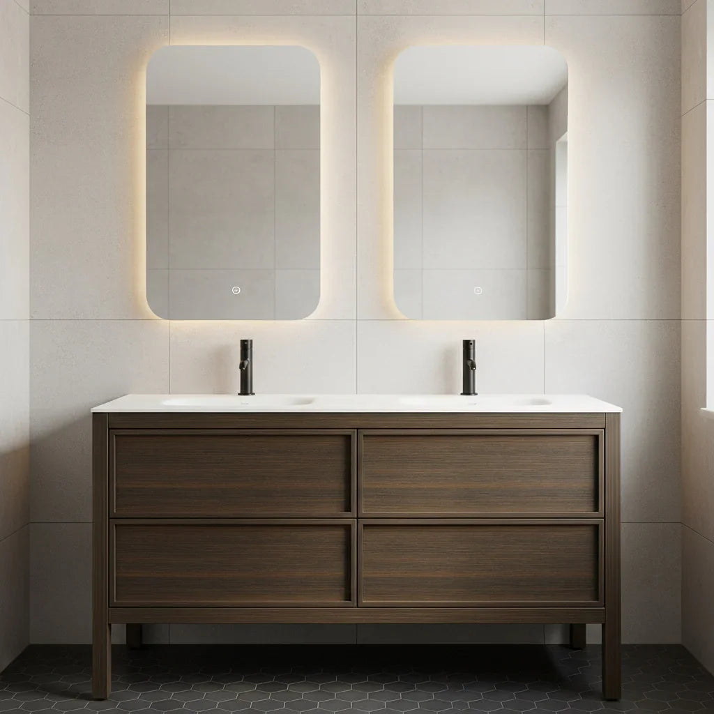 60" Smoked Oak Freestanding Double Sink Bathroom Vanity with White Solid Surface Countertop-Migration_Bathroom Vanities-DECOROLALA