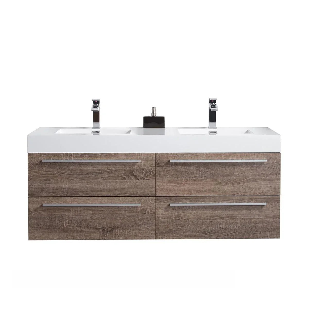 60" Soft Oak Wall Mount Double Sink Bathroom Vanity with White Polymarble Countertop Sofia-Migration_Bathroom Vanities-DECOROLALA