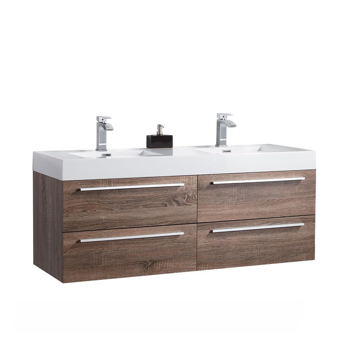 60" Soft Oak Wall Mount Double Sink Bathroom Vanity with White Polymarble Countertop Sofia-Migration_Bathroom Vanities-DECOROLALA