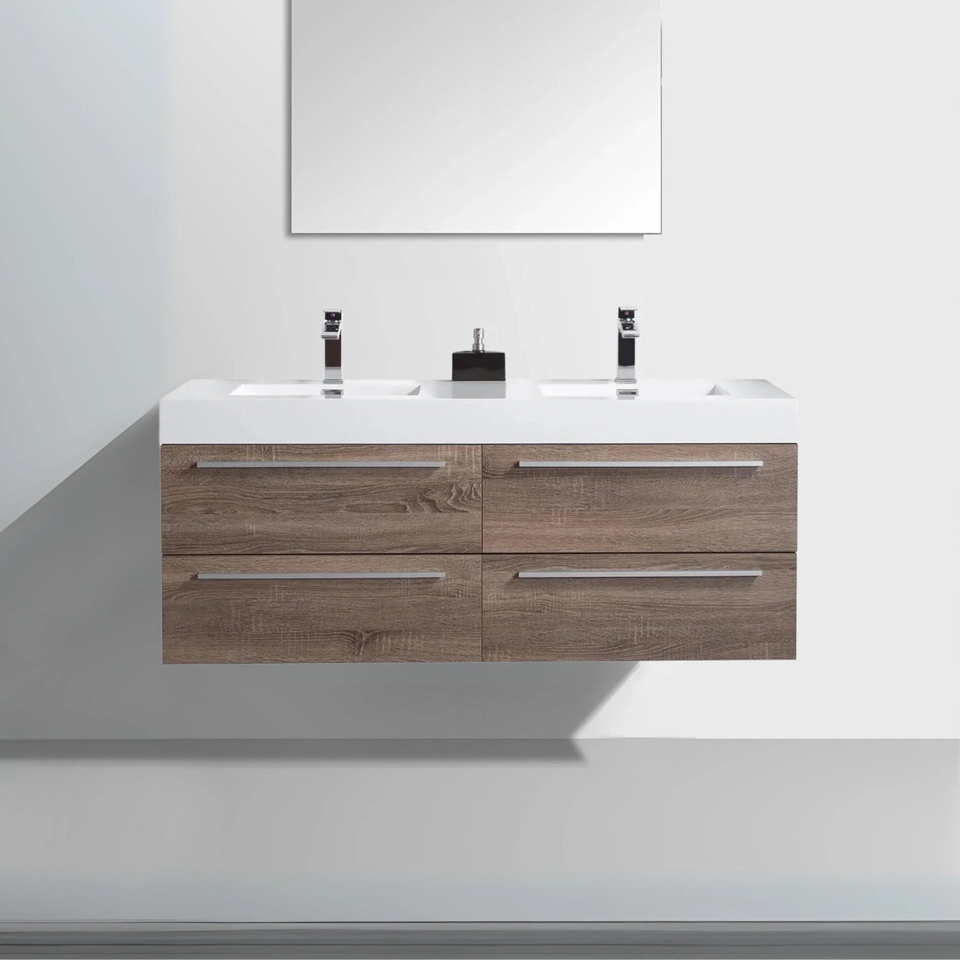 60" Soft Oak Wall Mount Double Sink Bathroom Vanity with White Polymarble Countertop Sofia-Migration_Bathroom Vanities-DECOROLALA