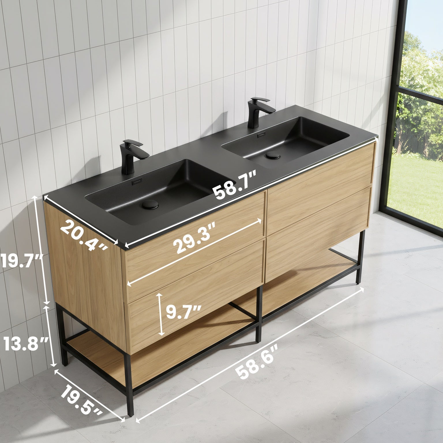 60" Sunset Walnut Wall Mount Double Sink Bathroom Vanity with Black Engineered Quartz Countertop-Migration_Bathroom Vanities-DECOROLALA