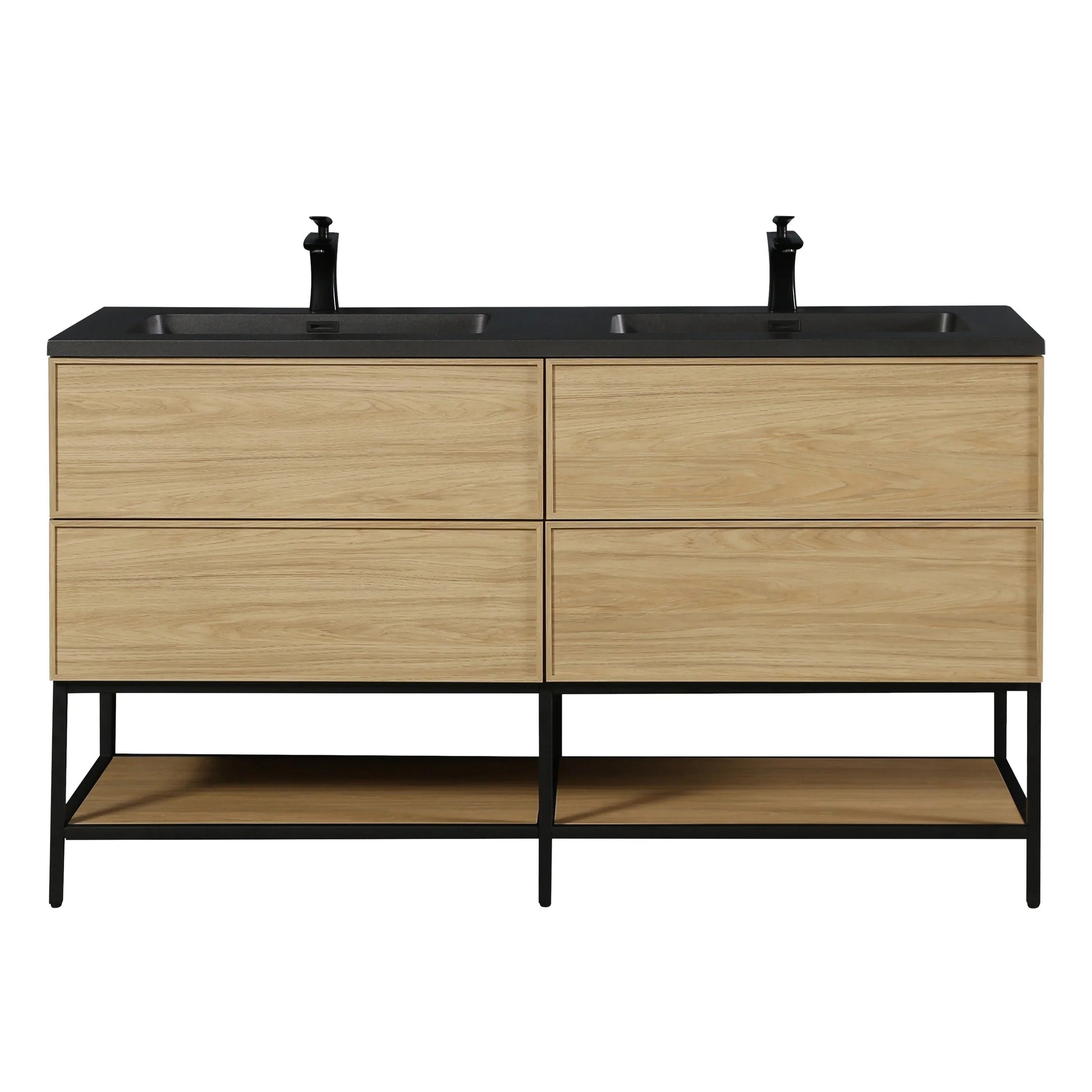 60" Sunset Walnut Wall Mount Double Sink Bathroom Vanity with Black Engineered Quartz Countertop-Migration_Bathroom Vanities-DECOROLALA