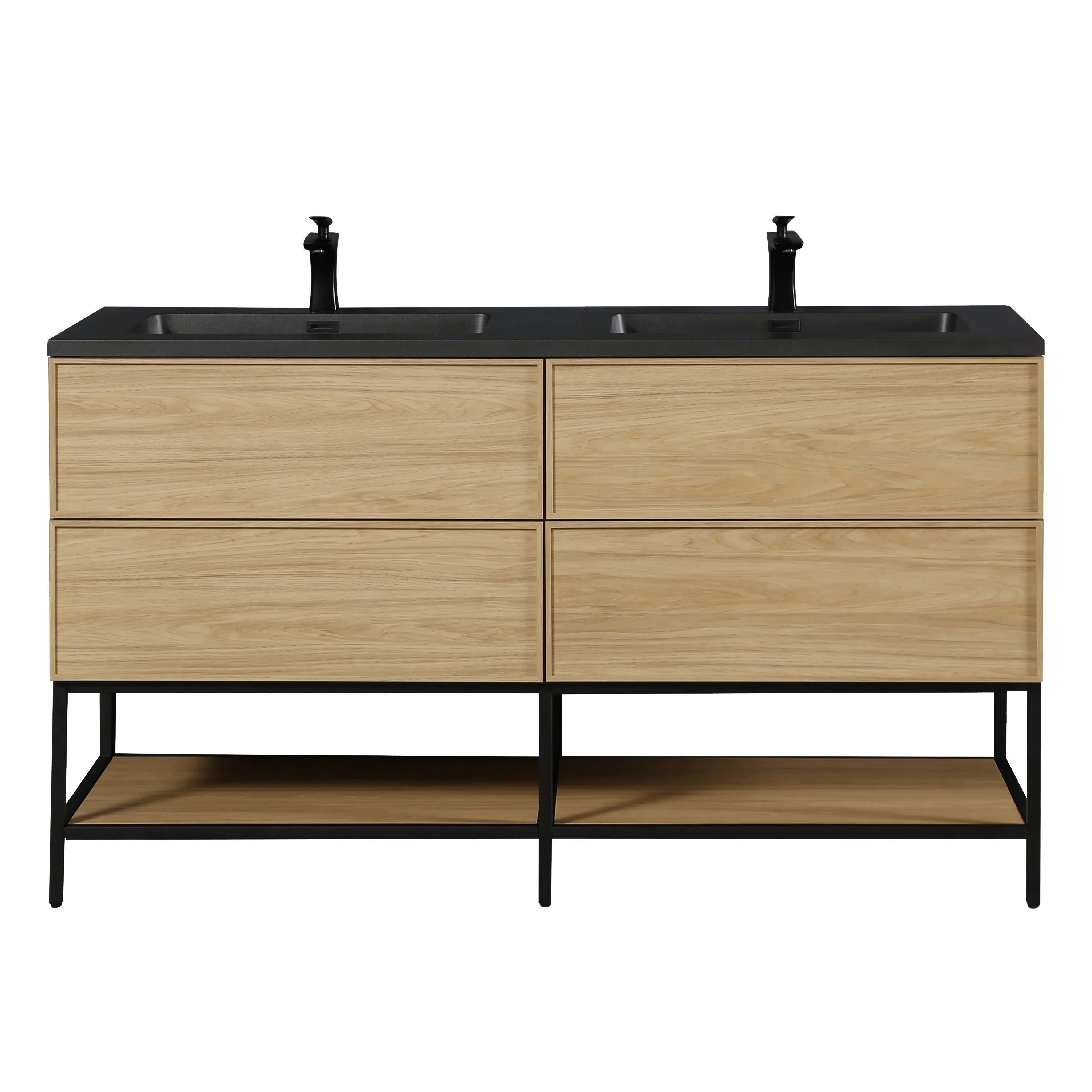 60" Sunset Walnut Wall Mount Double Sink Bathroom Vanity with Black Engineered Quartz Countertop-Migration_Bathroom Vanities-DECOROLALA