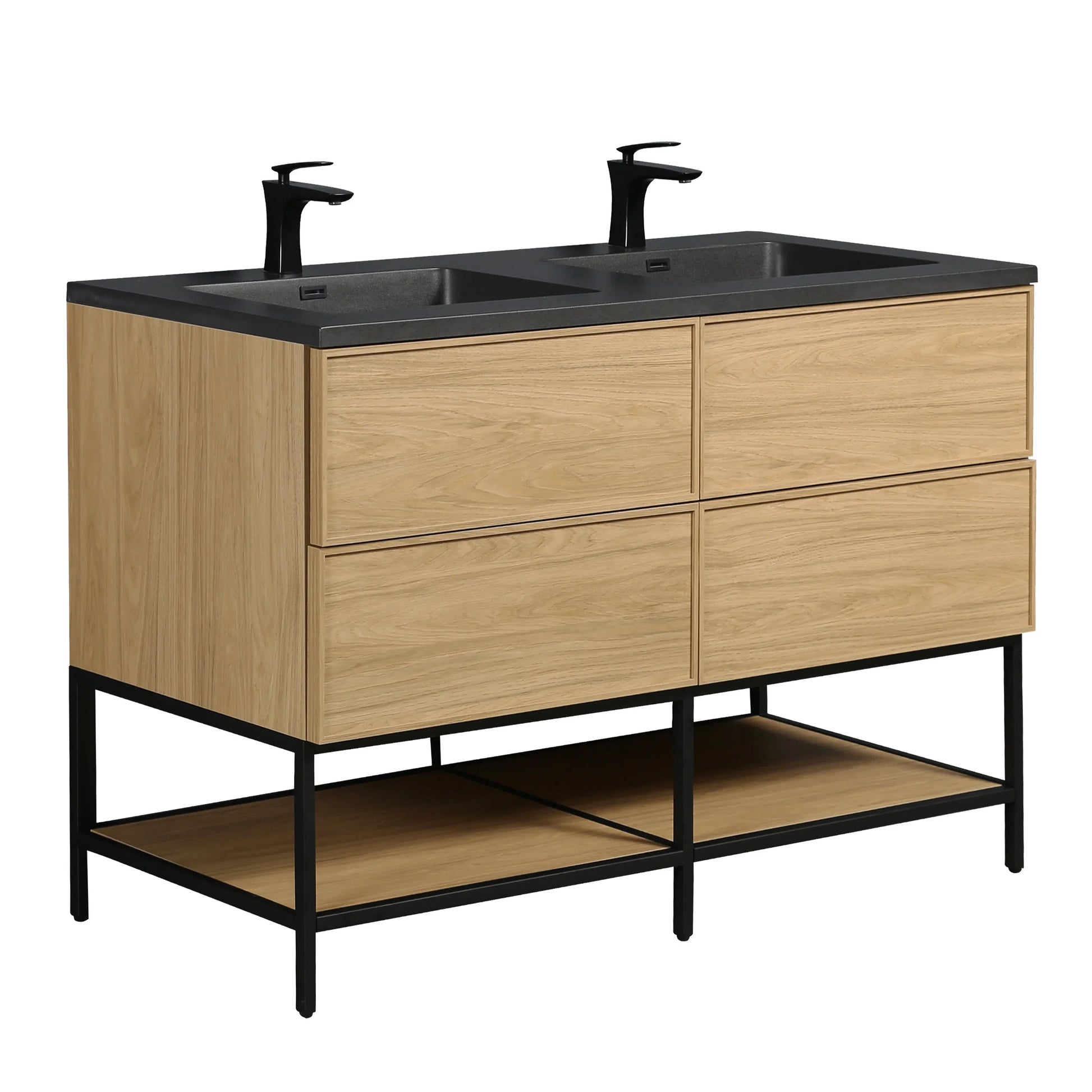 60" Sunset Walnut Wall Mount Double Sink Bathroom Vanity with Black Engineered Quartz Countertop-Migration_Bathroom Vanities-DECOROLALA