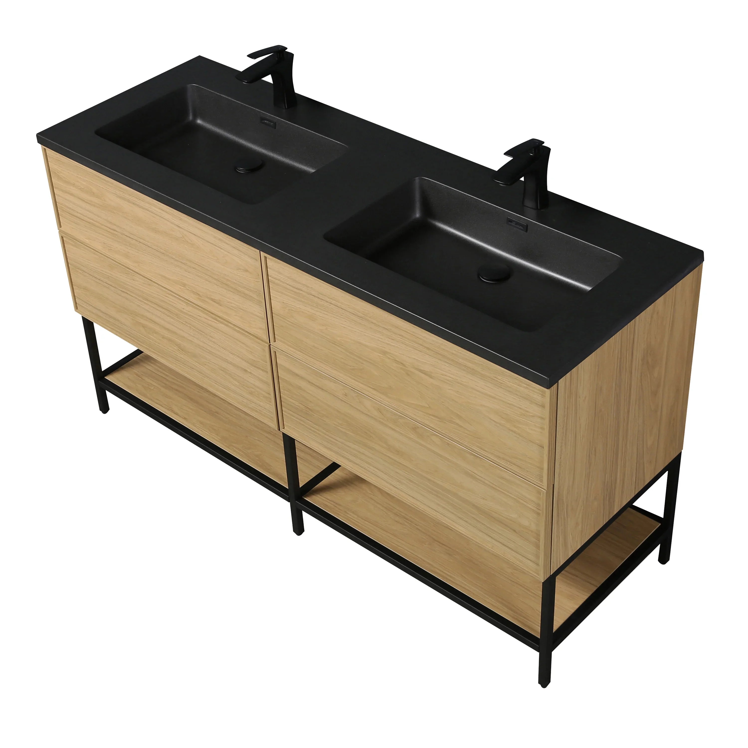 60" Sunset Walnut Wall Mount Double Sink Bathroom Vanity with Black Engineered Quartz Countertop-Migration_Bathroom Vanities-DECOROLALA