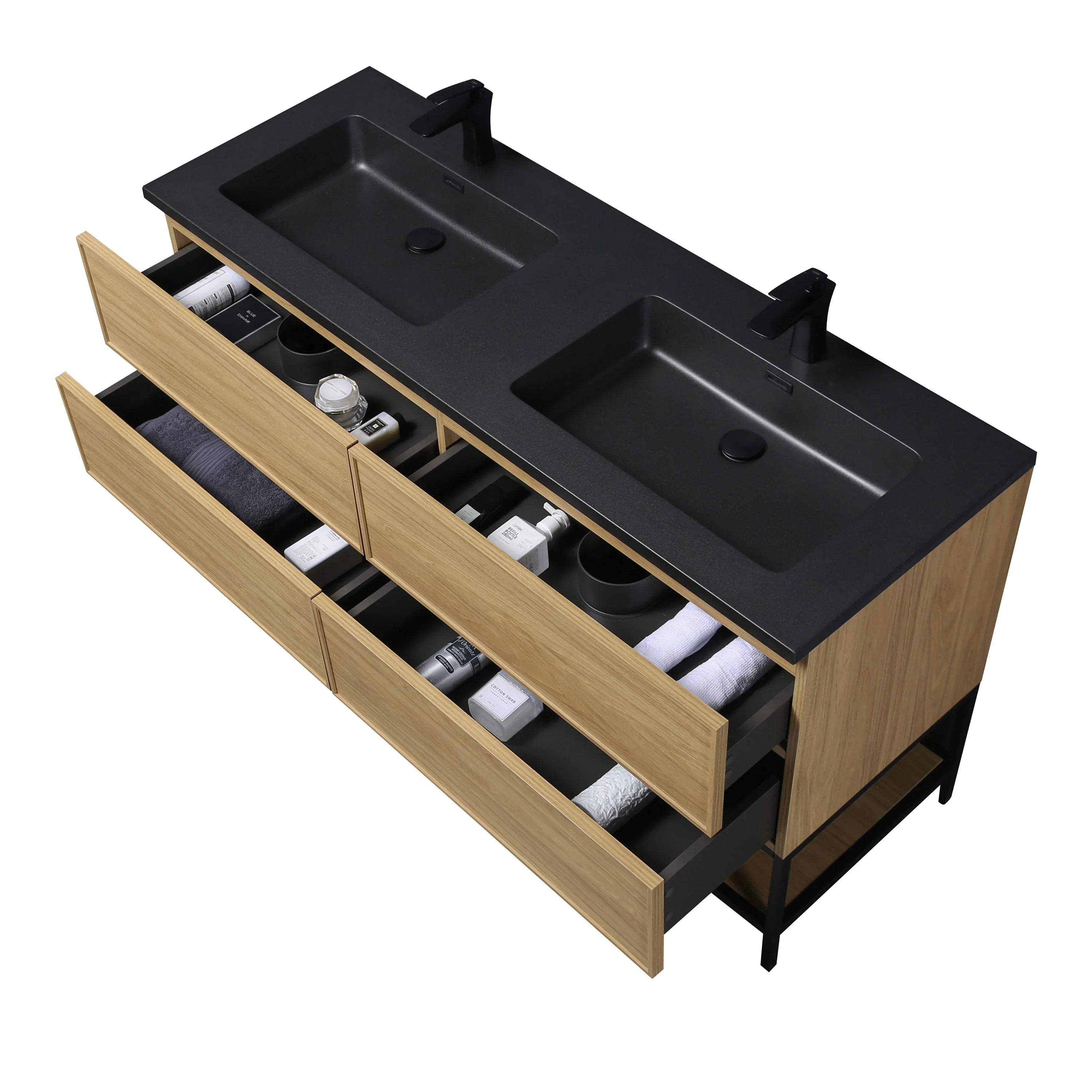 60" Sunset Walnut Wall Mount Double Sink Bathroom Vanity with Black Engineered Quartz Countertop-Migration_Bathroom Vanities-DECOROLALA