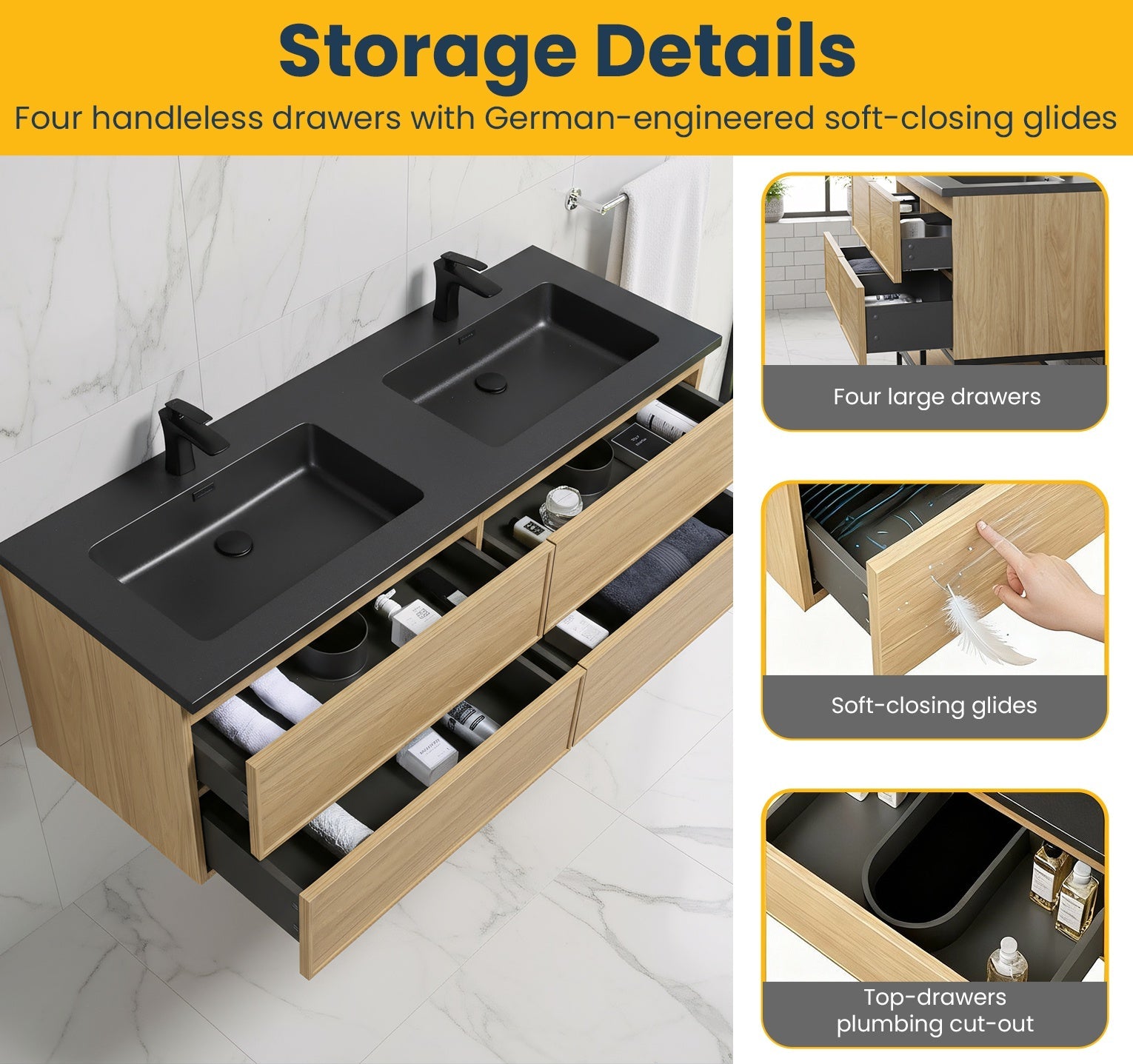 60" Sunset Walnut Wall Mount Double Sink Bathroom Vanity with Black Engineered Quartz Countertop-Migration_Bathroom Vanities-DECOROLALA