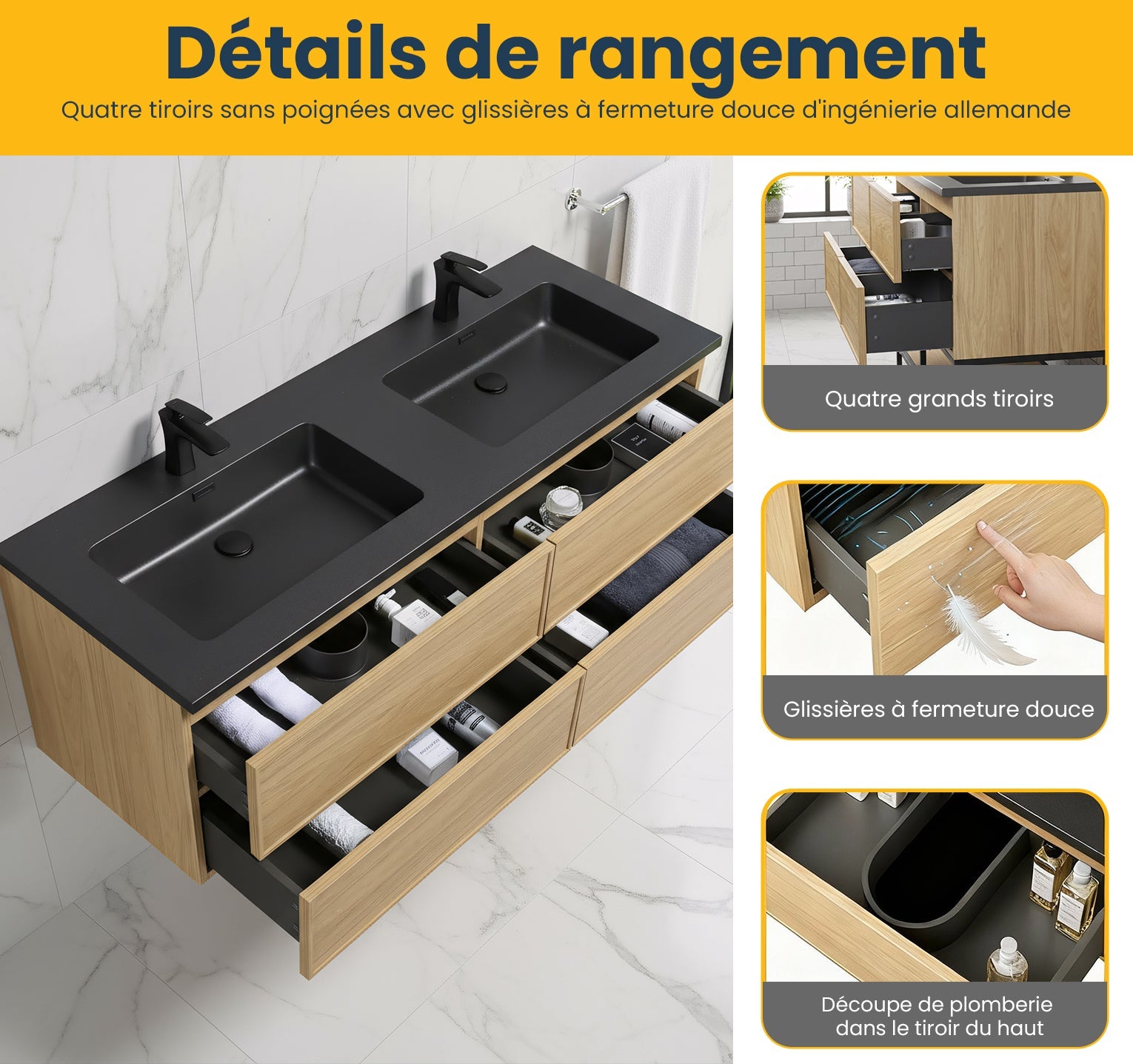 60" Sunset Walnut Wall Mount Double Sink Bathroom Vanity with Black Engineered Quartz Countertop-Migration_Bathroom Vanities-DECOROLALA