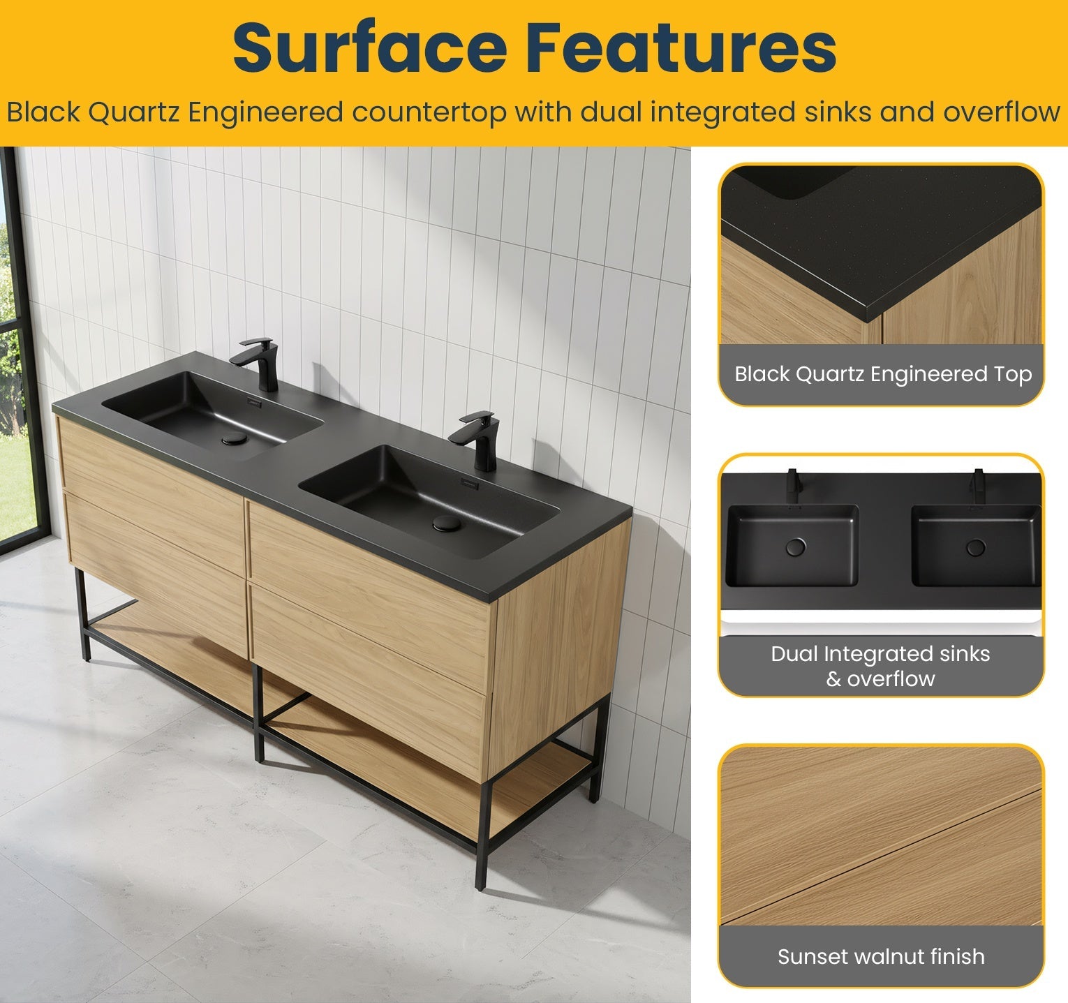 60" Sunset Walnut Wall Mount Double Sink Bathroom Vanity with Black Engineered Quartz Countertop-Migration_Bathroom Vanities-DECOROLALA