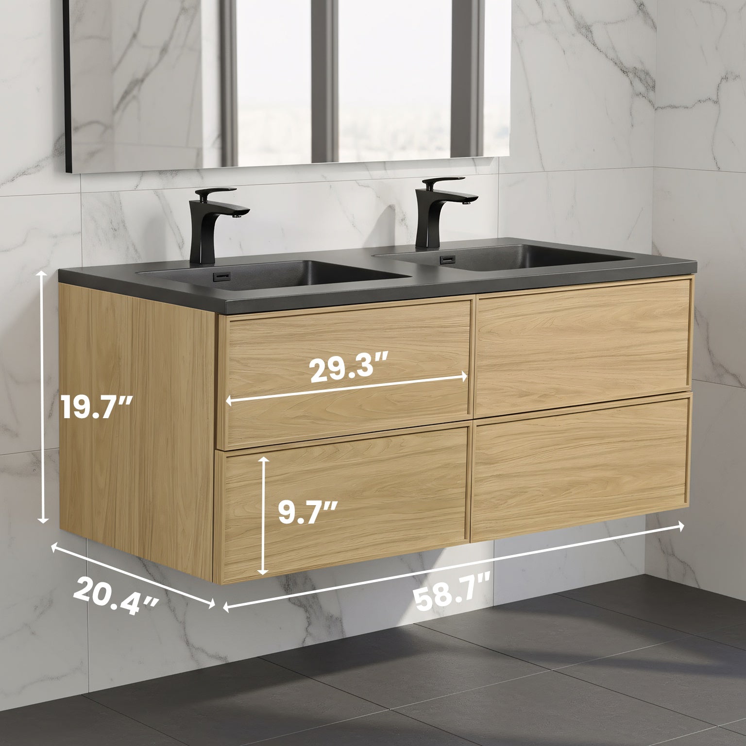 60" Sunset Walnut Wall Mount Double Sink Bathroom Vanity with Black Engineered Quartz Countertop-Migration_Bathroom Vanities-DECOROLALA