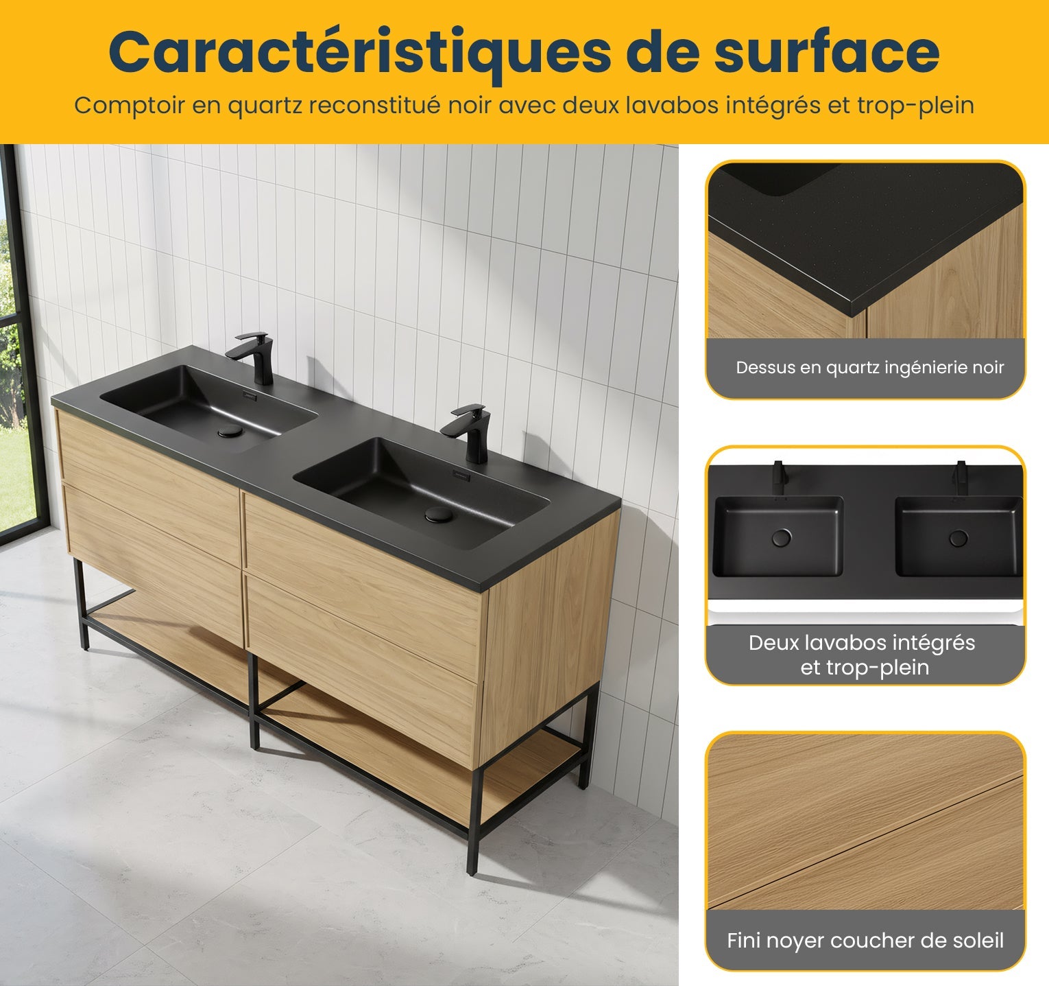 60" Sunset Walnut Wall Mount Double Sink Bathroom Vanity with Black Engineered Quartz Countertop-Migration_Bathroom Vanities-DECOROLALA