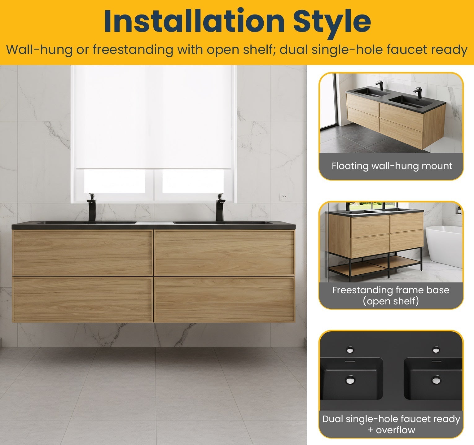 60" Sunset Walnut Wall Mount Double Sink Bathroom Vanity with Black Engineered Quartz Countertop-Migration_Bathroom Vanities-DECOROLALA