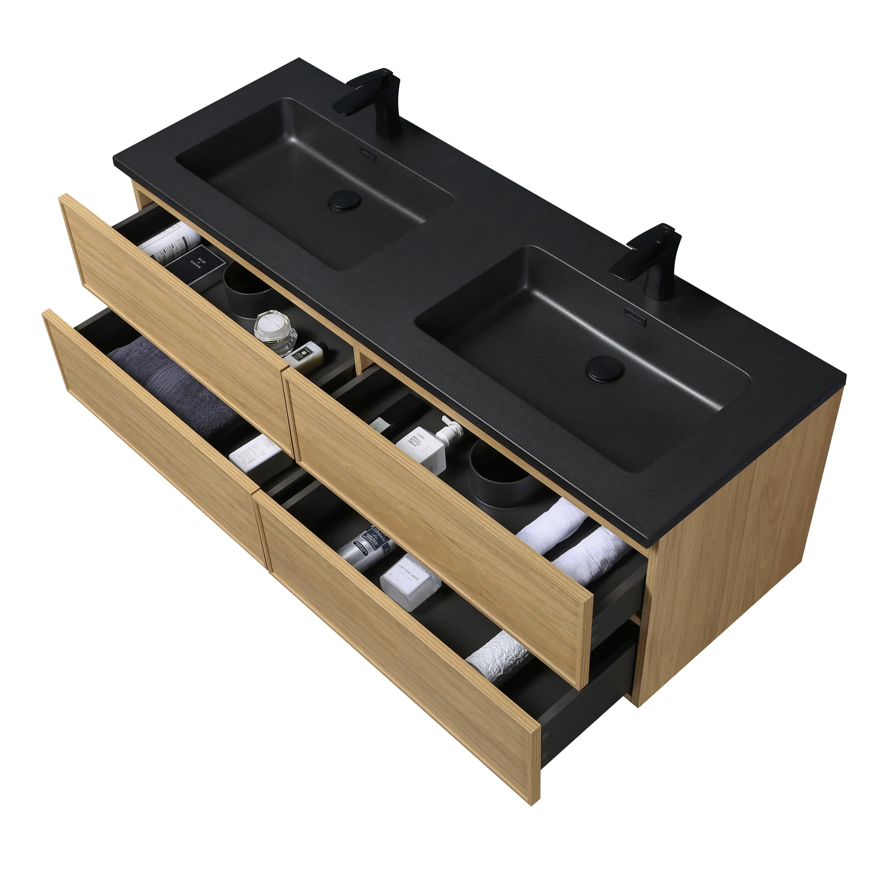 60" Sunset Walnut Wall Mount Double Sink Bathroom Vanity with Black Engineered Quartz Countertop-Migration_Bathroom Vanities-DECOROLALA